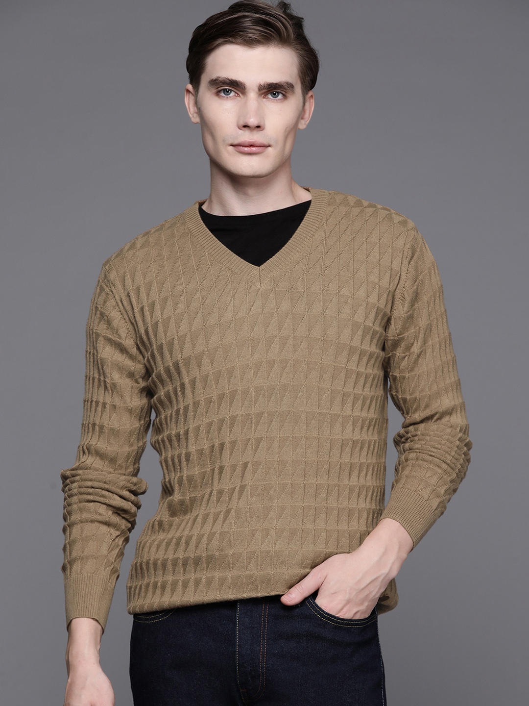 

Raymond Men Self Design Pullover, Khaki