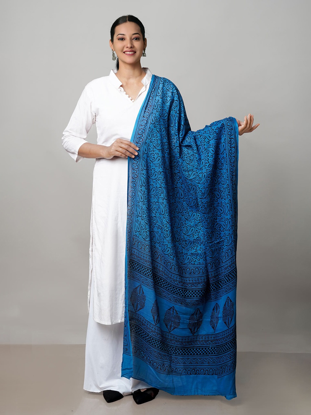 

Unnati Silks Paisley Printed Pure Cotton Dupatta, Blue
