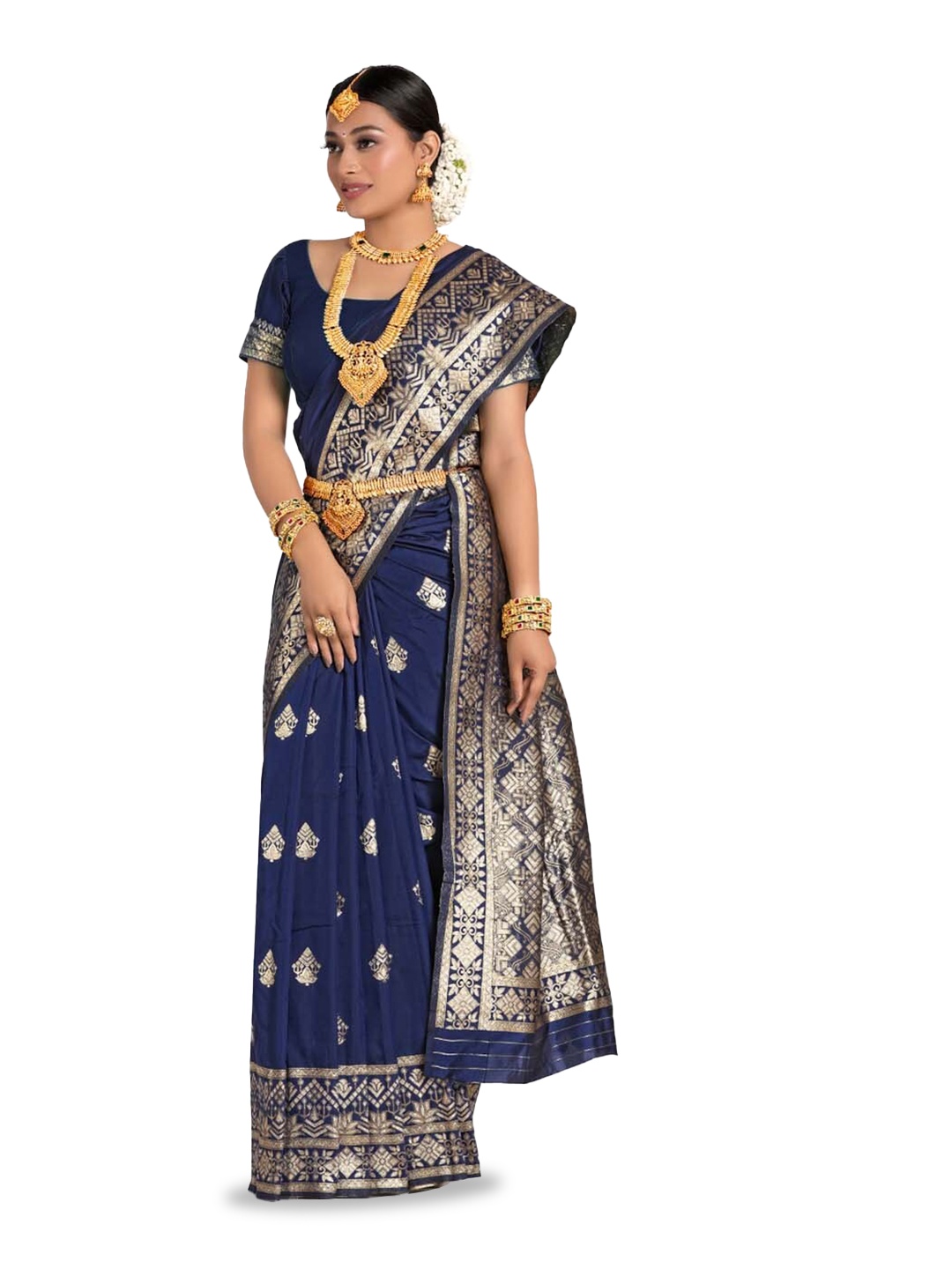 

HALFSAREE STUDIO Ethnic Motifs Woven Design Zari Satin Banarasi Saree, Navy blue