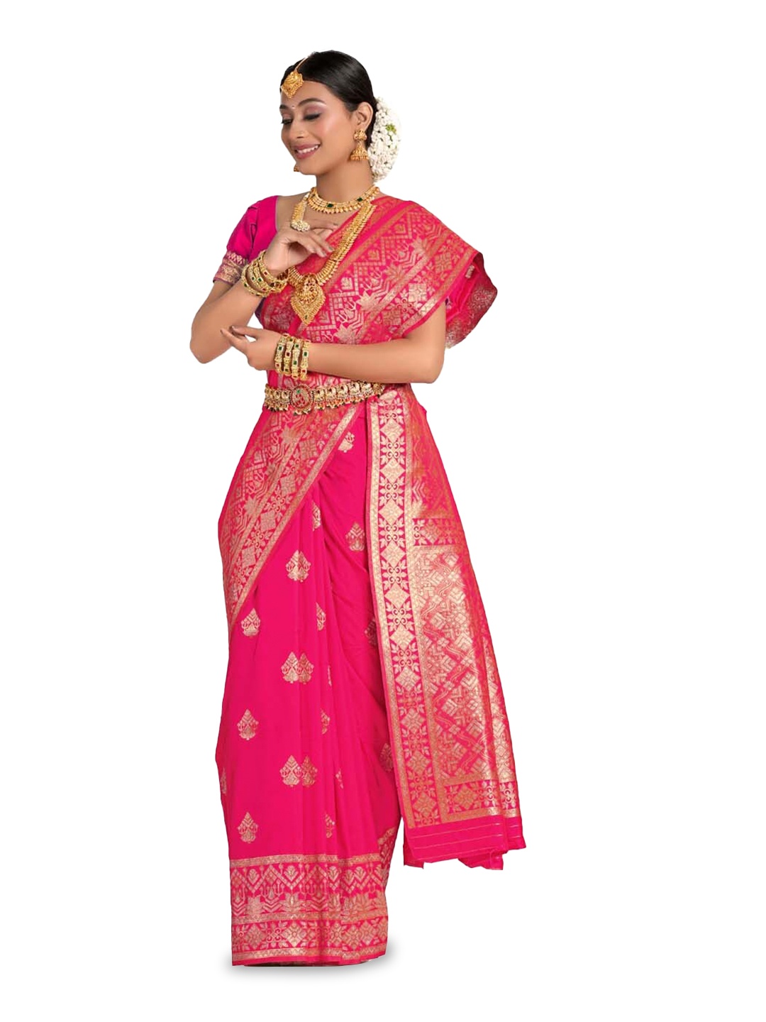 

HALFSAREE STUDIO Ethnic Motifs Woven Design Zari Satin Banarasi Saree, Pink