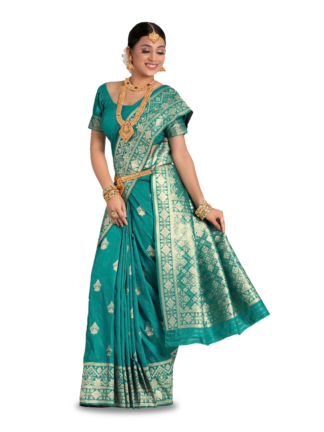 

HALFSAREE STUDIO Ethnic Motifs Woven Design Zari Satin Banarasi Saree, Sea green