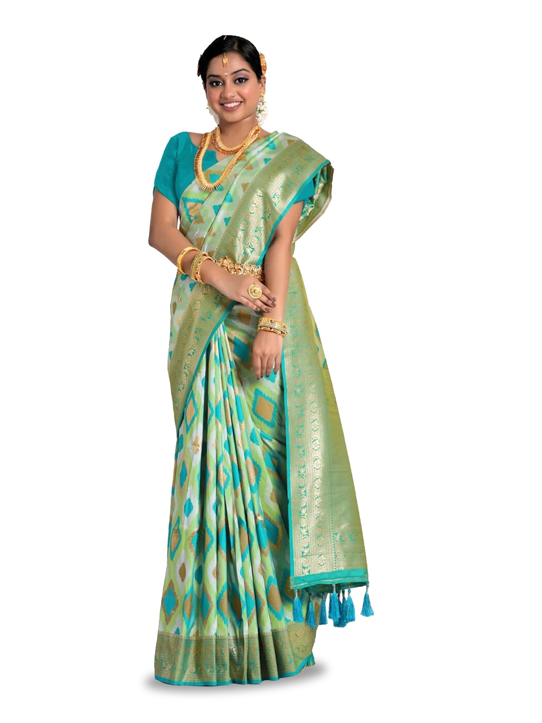 

HALFSAREE STUDIO Ethnic Motifs Woven Design Zari Satin Banarasi Saree, Sea green