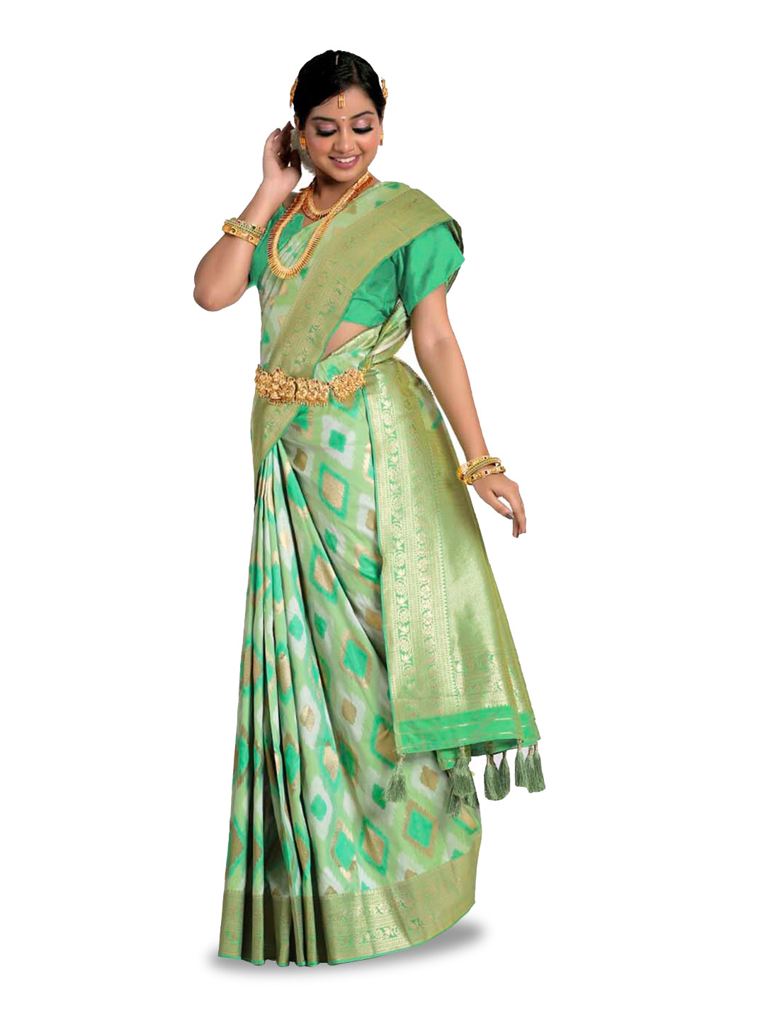 

HALFSAREE STUDIO Ethnic Motifs Woven Design Zari Satin Banarasi Saree, Green