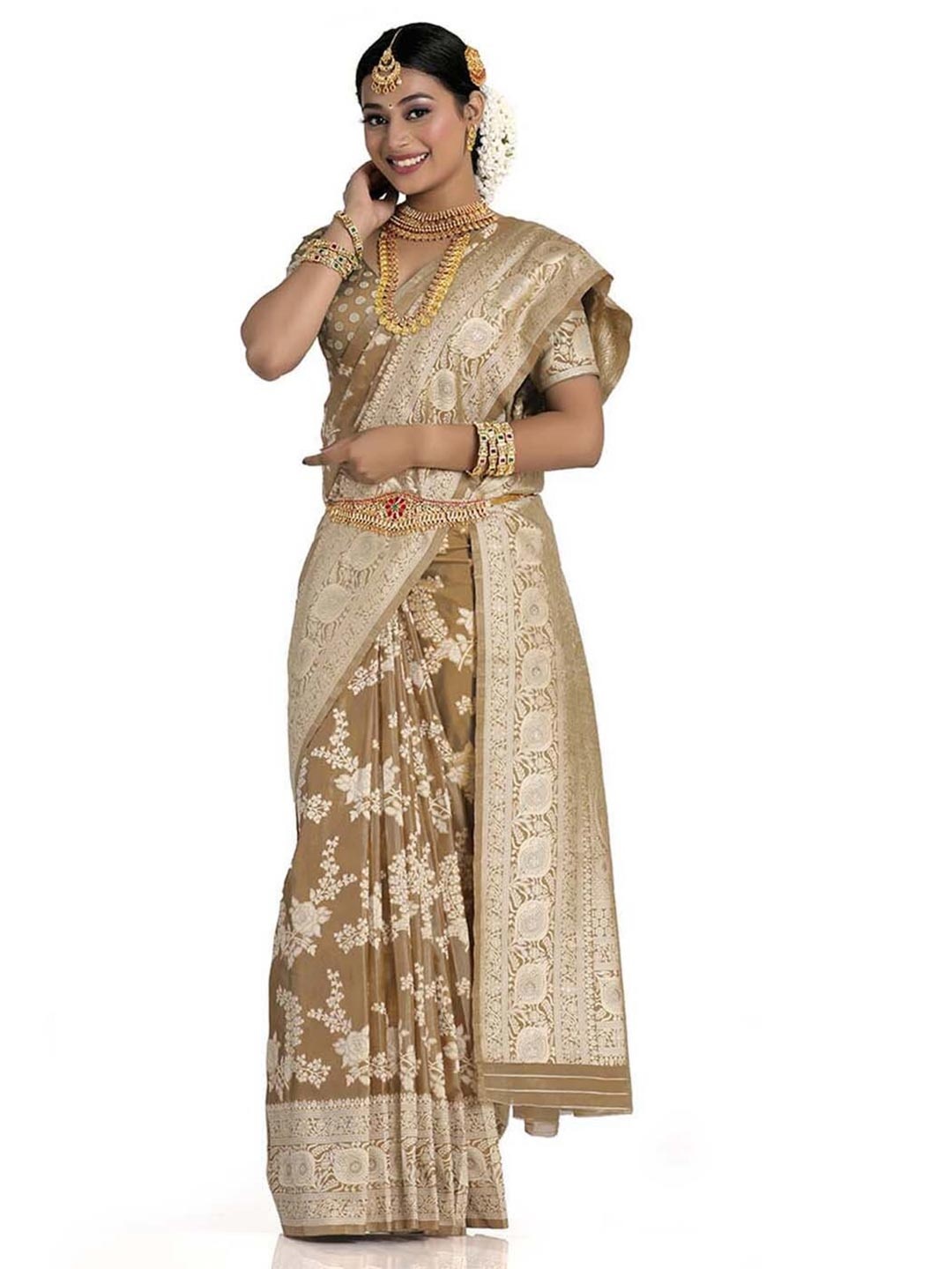 

HALFSAREE STUDIO Ethnic Motifs Woven Design Zari Satin Banarasi Saree, Beige