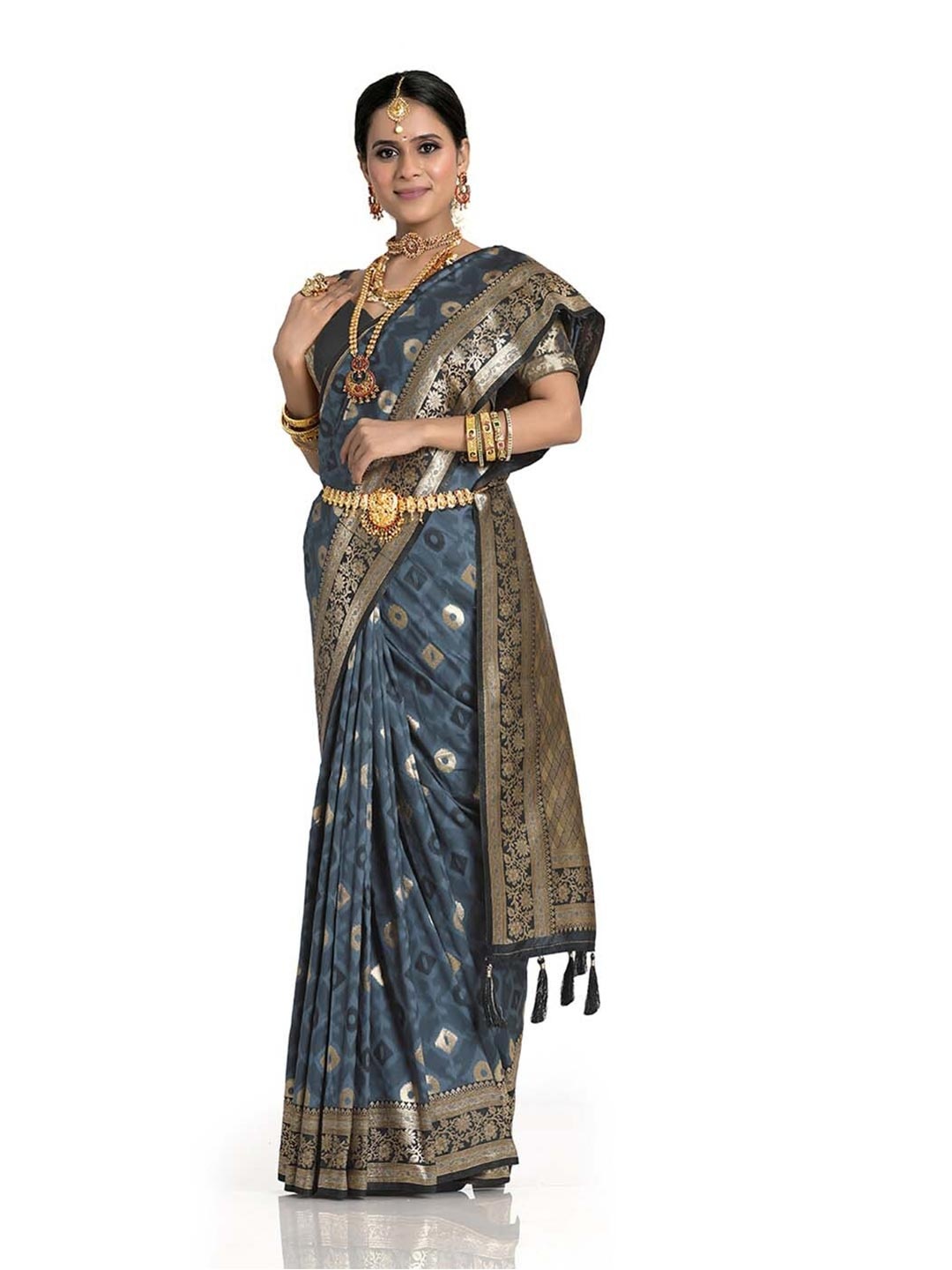 

HALFSAREE STUDIO Ethnic Motifs Woven Design Zari Satin Banarasi Saree, Grey