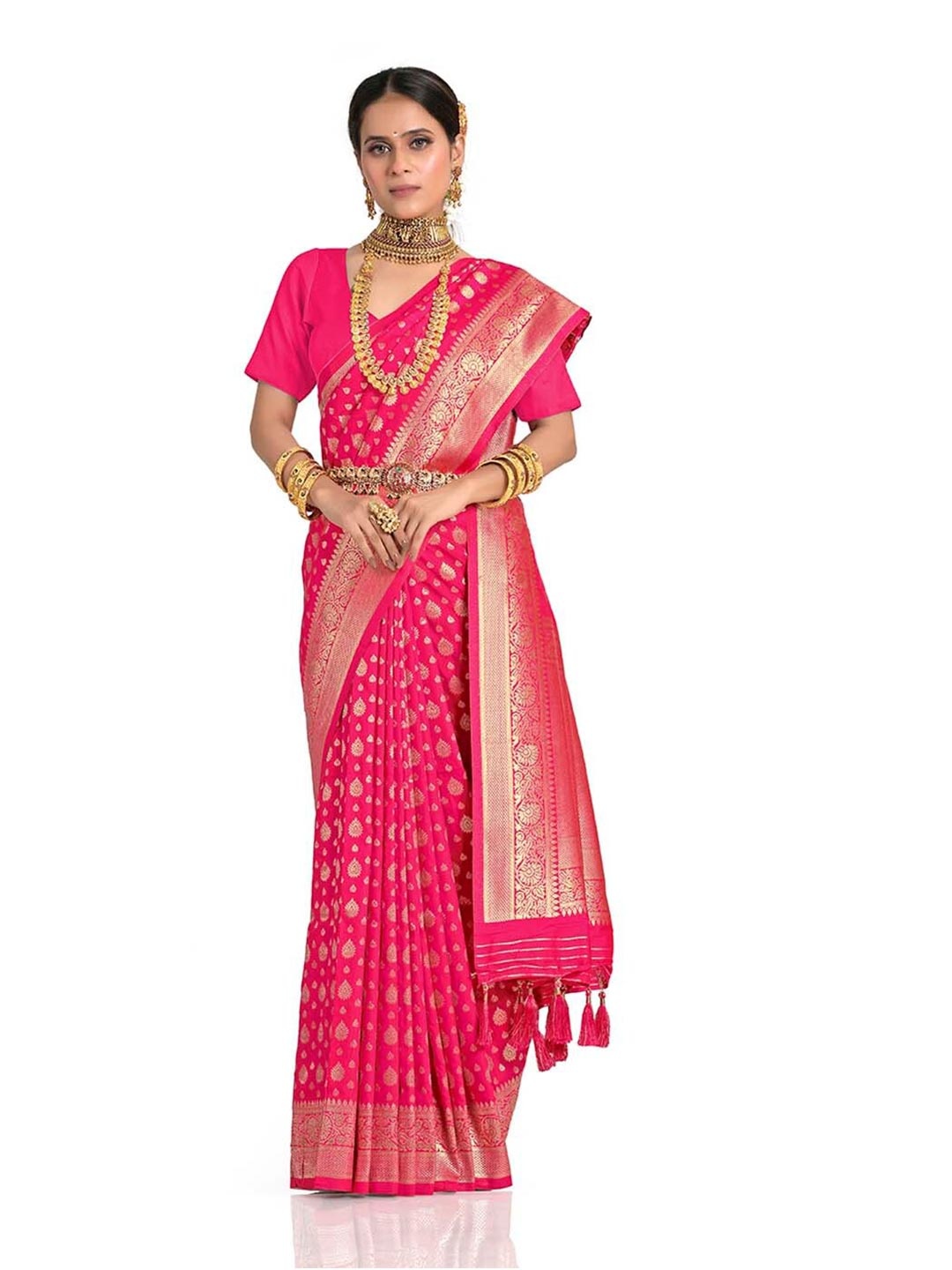 

HALFSAREE STUDIO Ethnic Motifs Woven Design Zari Satin Banarasi Saree, Pink