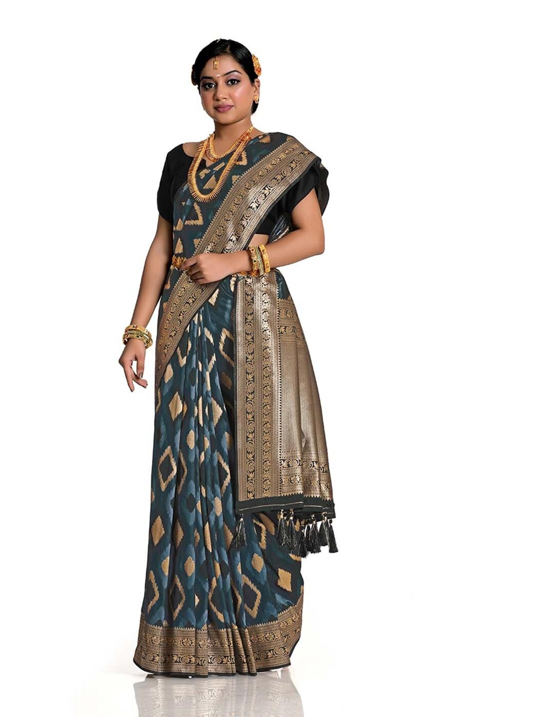 

HALFSAREE STUDIO Ethnic Motifs Woven Design Zari Satin Banarasi Saree, Grey