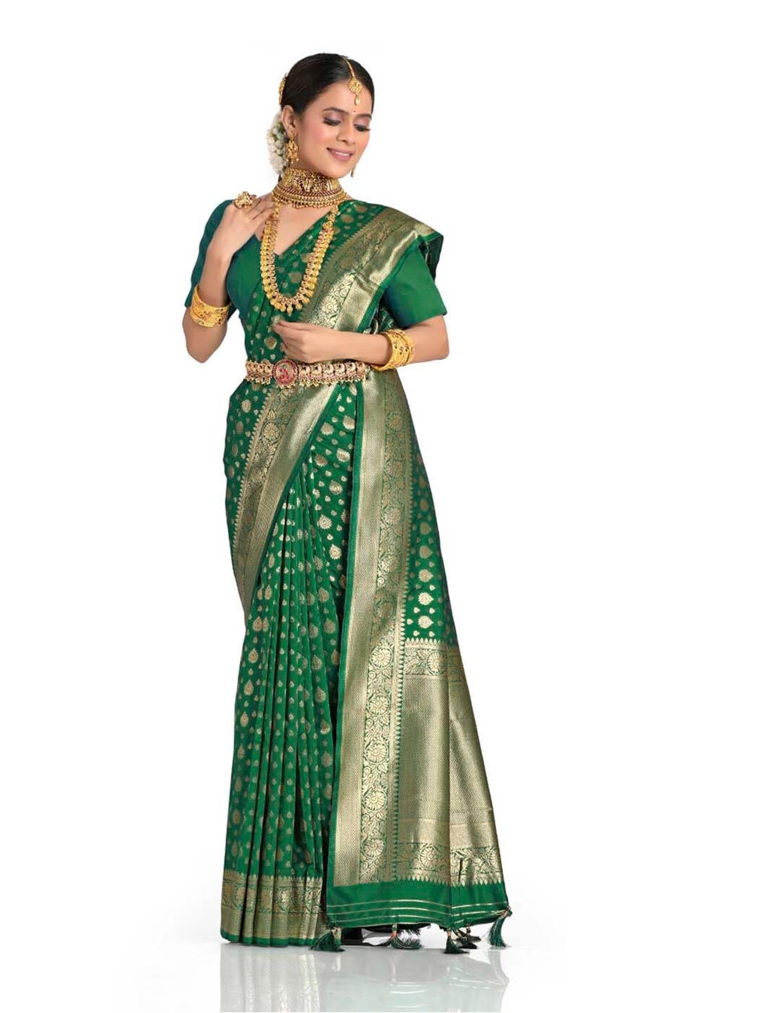 

HALFSAREE STUDIO Ethnic Motifs Woven Design Zari Satin Banarasi Saree, Green