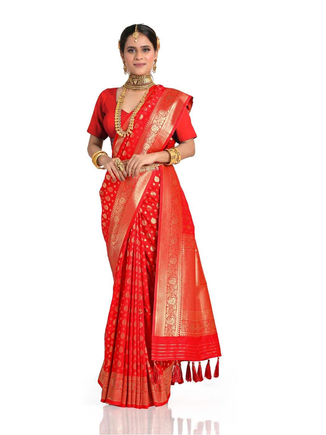 

HALFSAREE STUDIO Ethnic Motifs Woven Design Zari Satin Banarasi Saree, Red