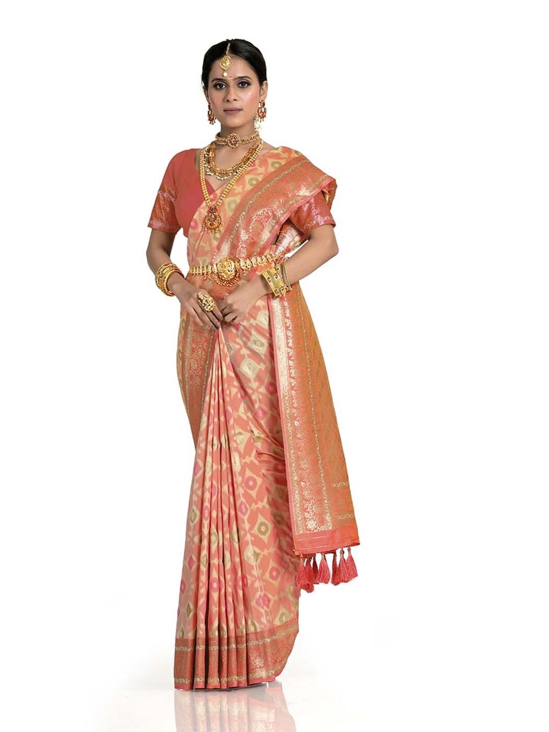 

HALFSAREE STUDIO Ethnic Motifs Woven Design Zari Satin Banarasi Saree, Peach