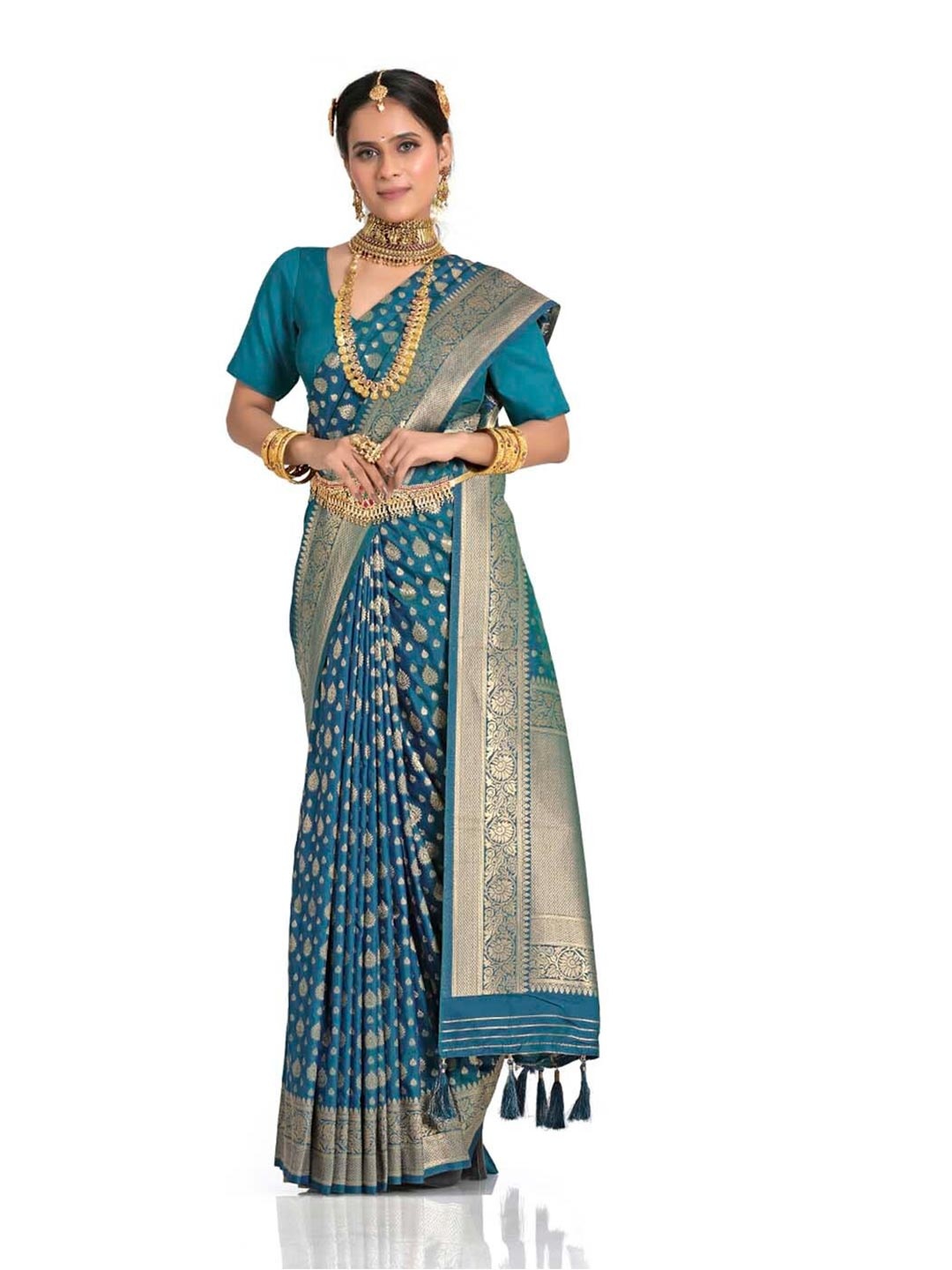 

HALFSAREE STUDIO Ethnic Motifs Woven Design Zari Satin Banarasi Saree, Teal