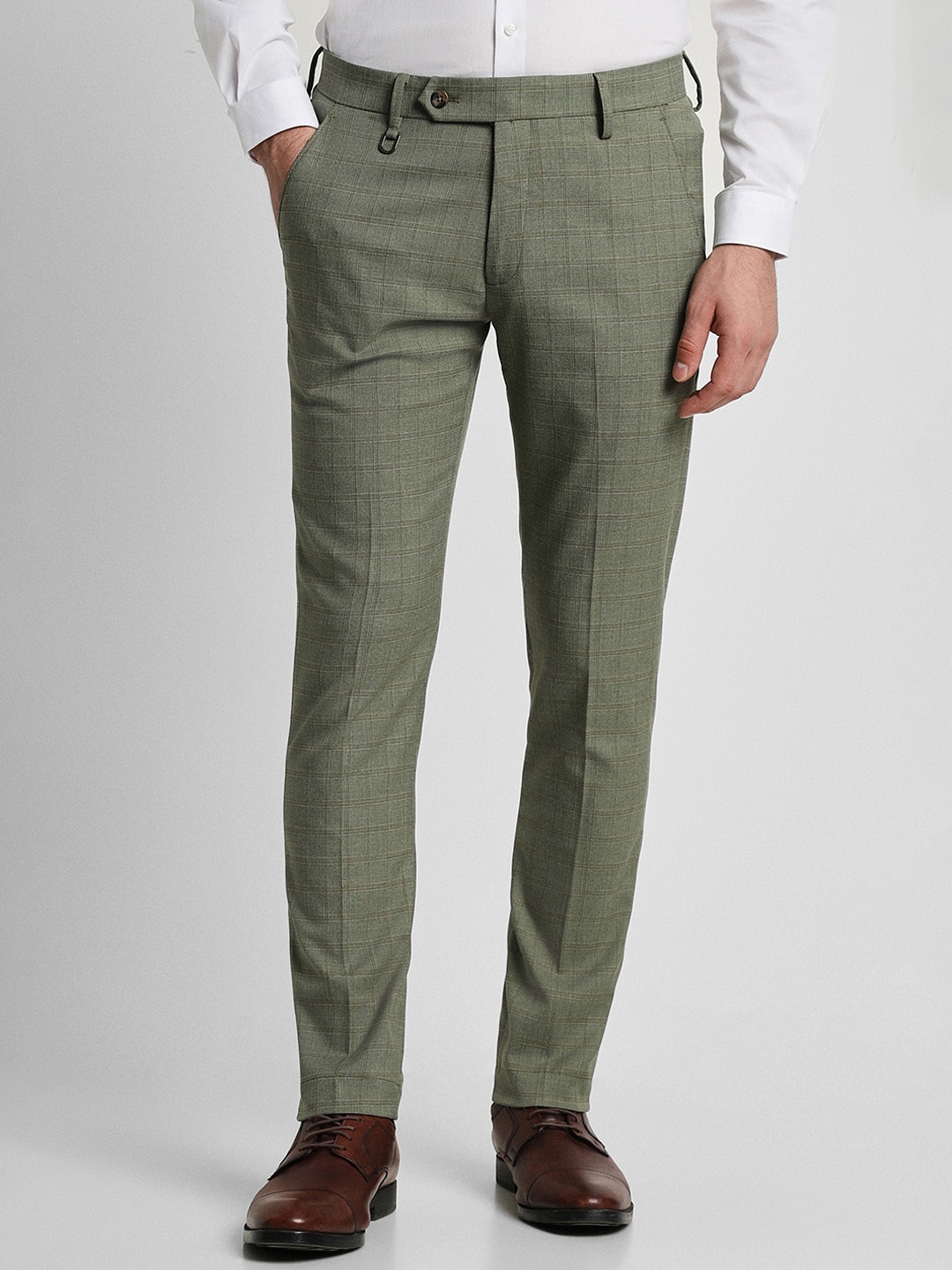 

Peter England Men Checked Slim Fit Formal Trousers, Green