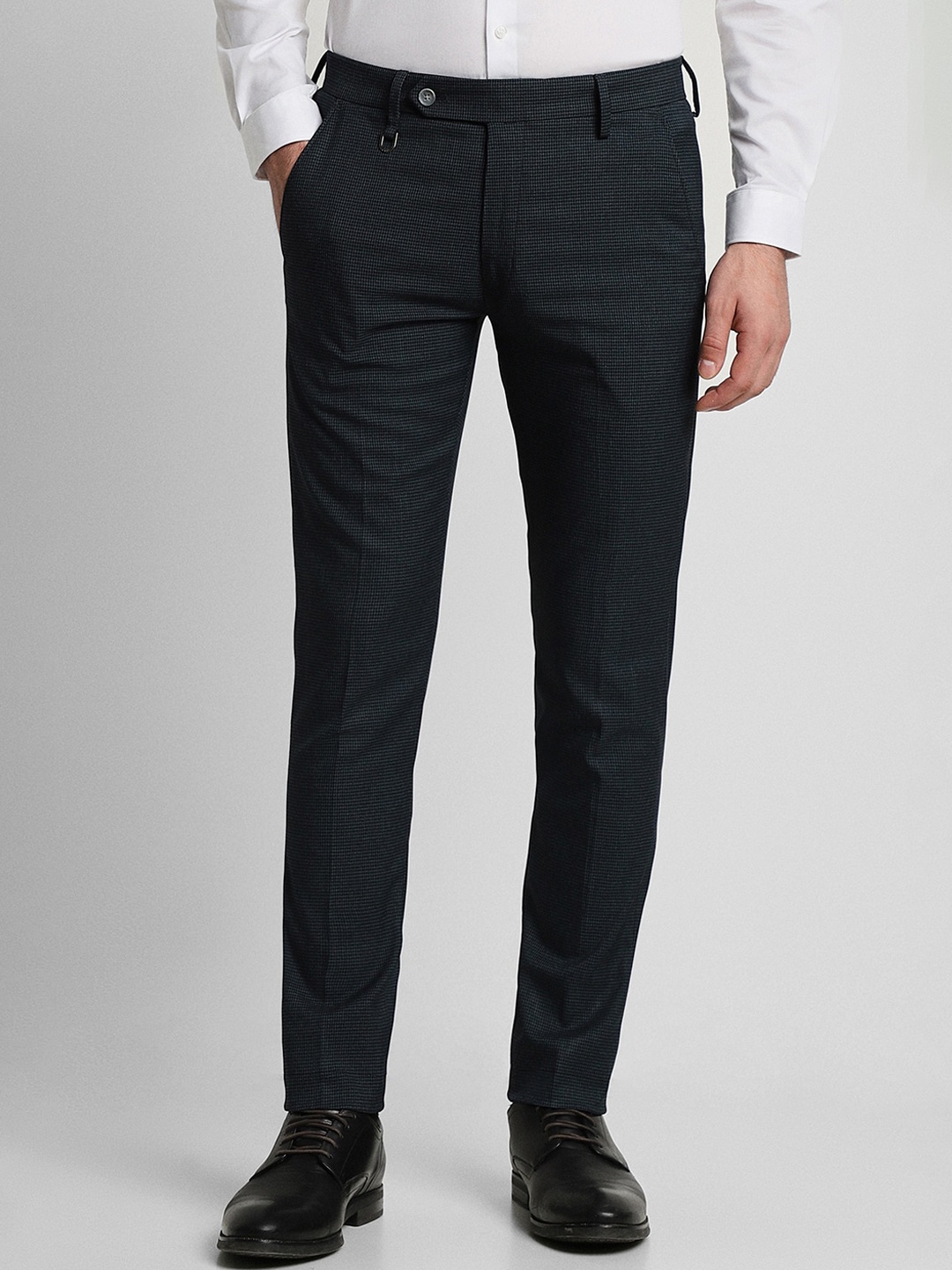 

Peter England Men Textured Ultra Slim Fit Formal Trousers, Navy blue