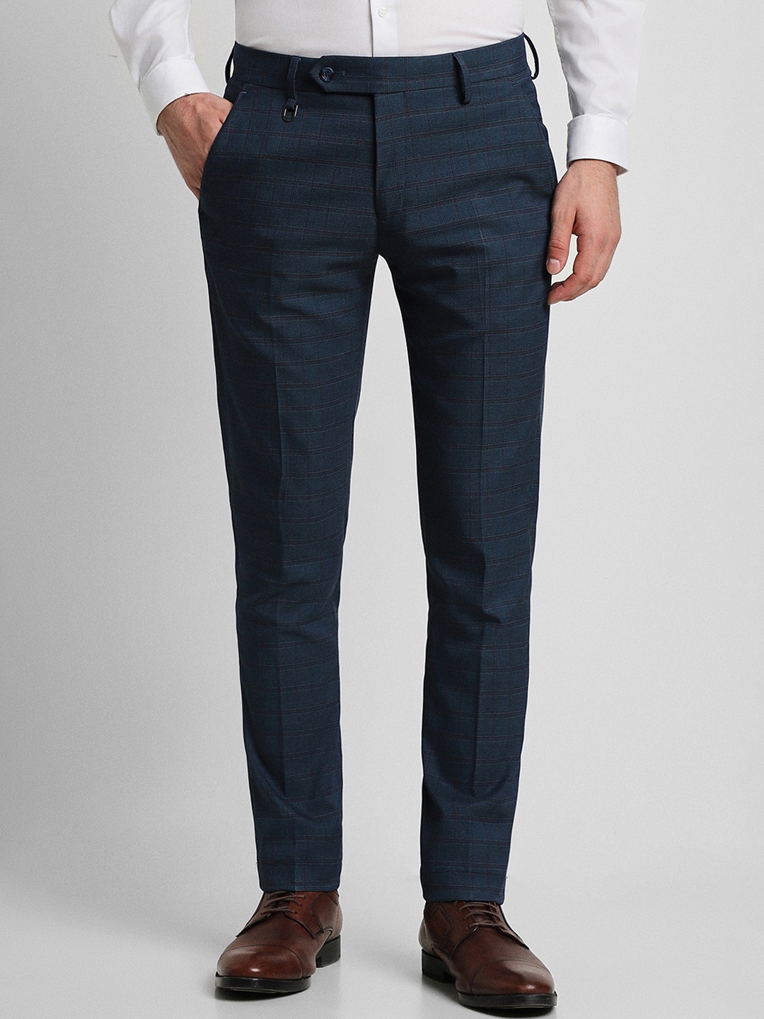 

Peter England Men Checked Slim Fit Formal Trousers, Navy blue