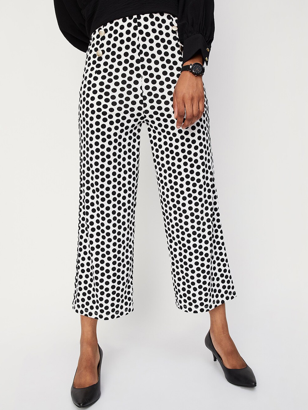 

max Women Polka Dots Printed Parallel Trousers, White