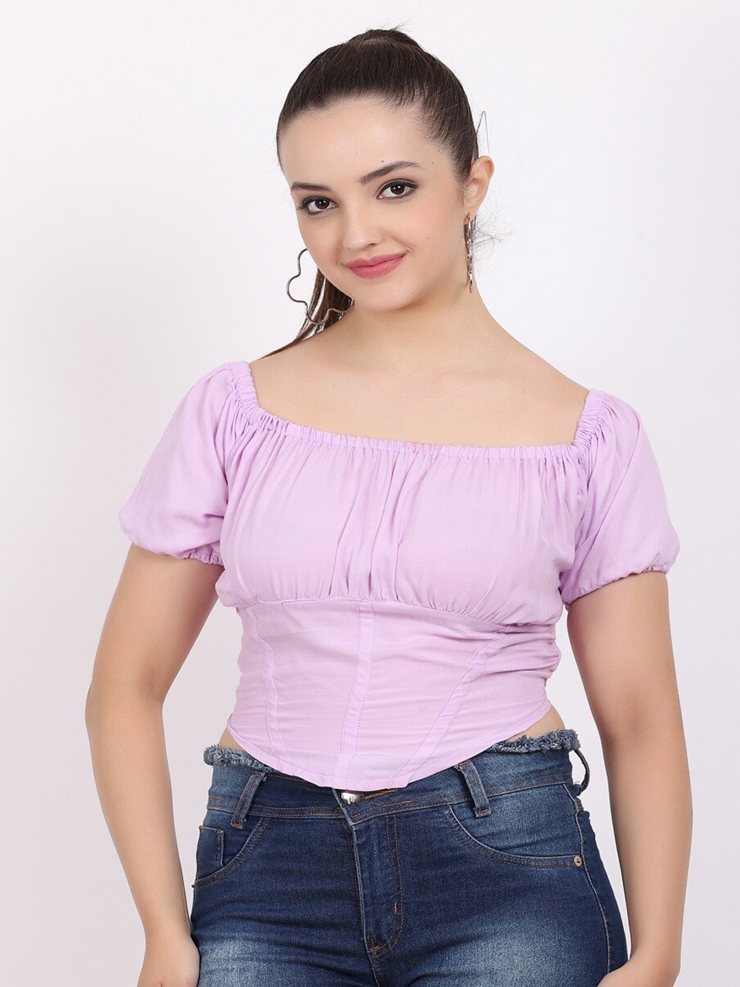 

BAESD Square Neck Puff Sleeve Gathered Regular Crop Top, Lavender