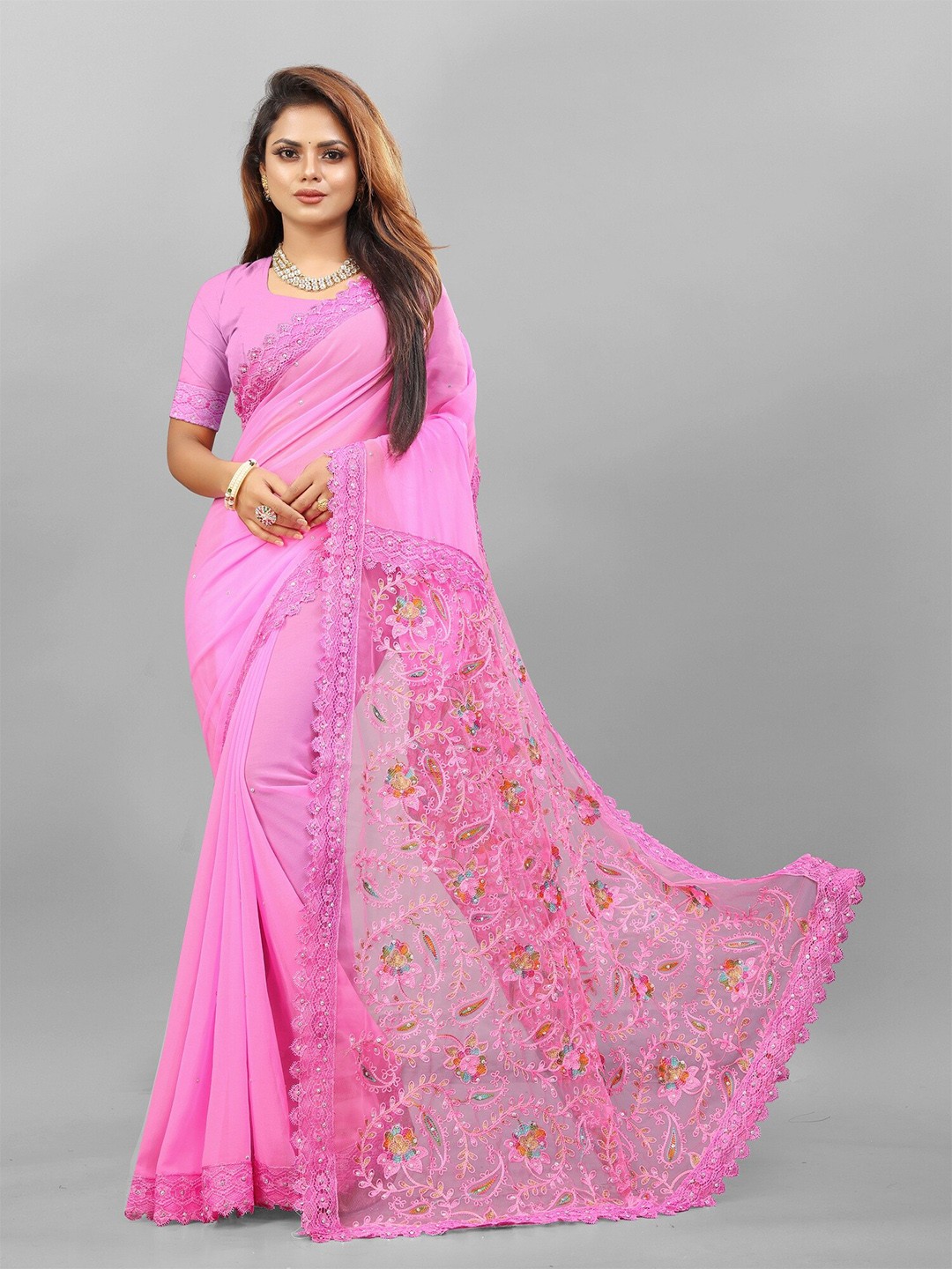 

APNISHA Floral Embroidered Beads & Stones Pure Georgette Saree, Pink