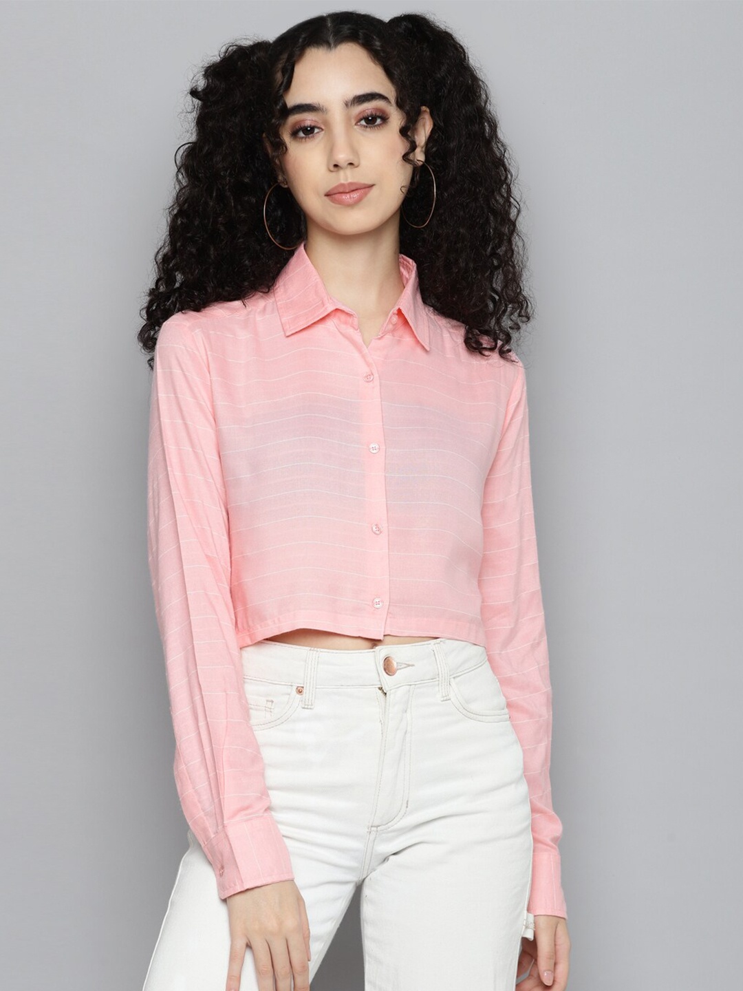 

Kook N Keech Horizontal Striped Classic Crop Casual Shirt, Pink