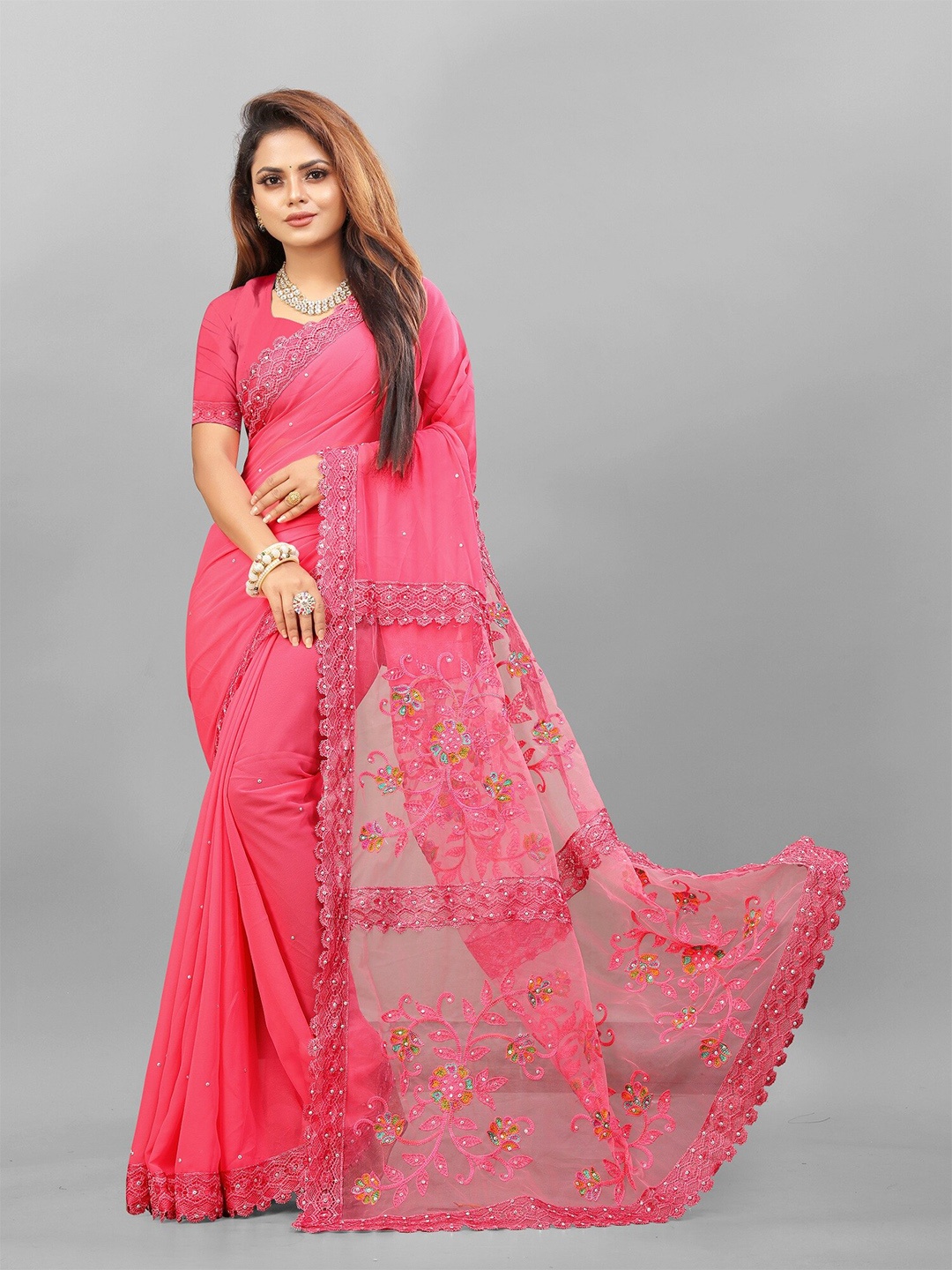 

APNISHA Floral Embroidered Beads & Stones Pure Georgette Saree, Pink