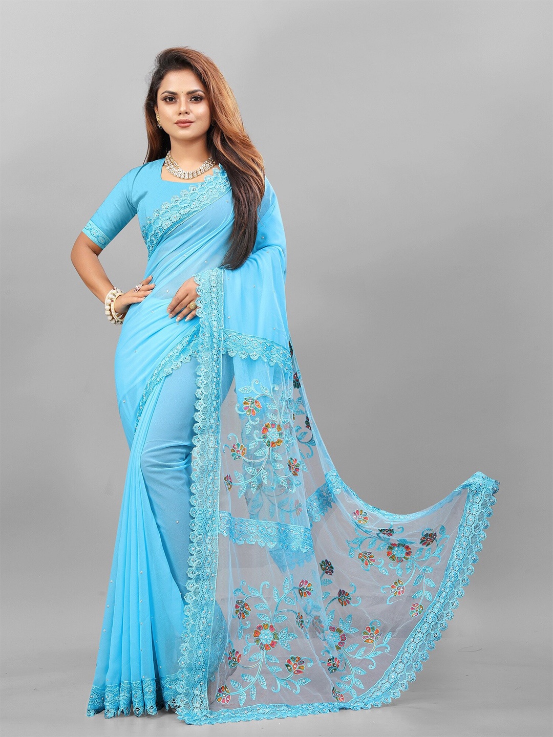 

APNISHA Floral Embroidered Beads & Stones Pure Georgette Saree, Turquoise blue