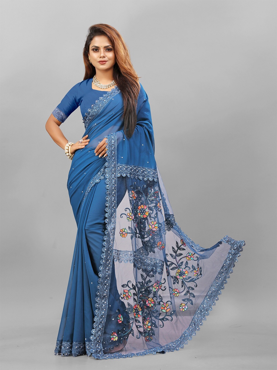 

APNISHA Floral Embroidered Beads & Stones Pure Georgette Saree, Blue