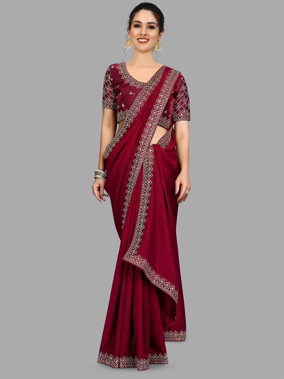 

APNISHA Ethnic Motifs Embroidered Sequinned Pure Silk Saree, Maroon