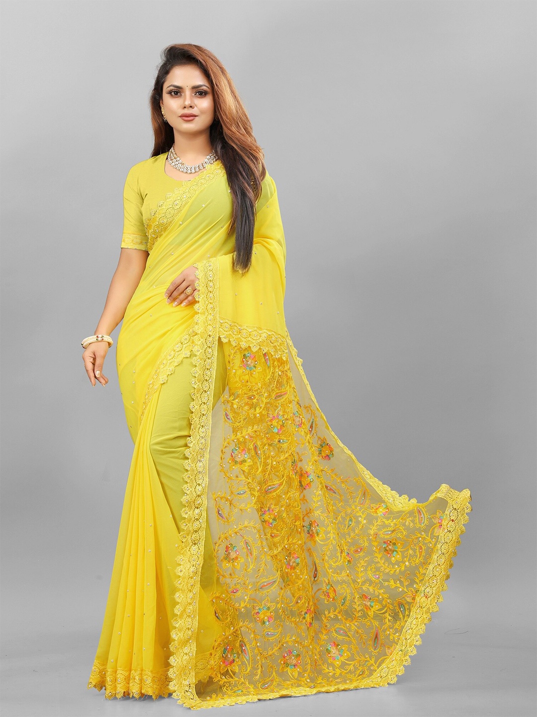 

APNISHA Ethnic Motifs Embriodered Stones & Beads Saree, Yellow