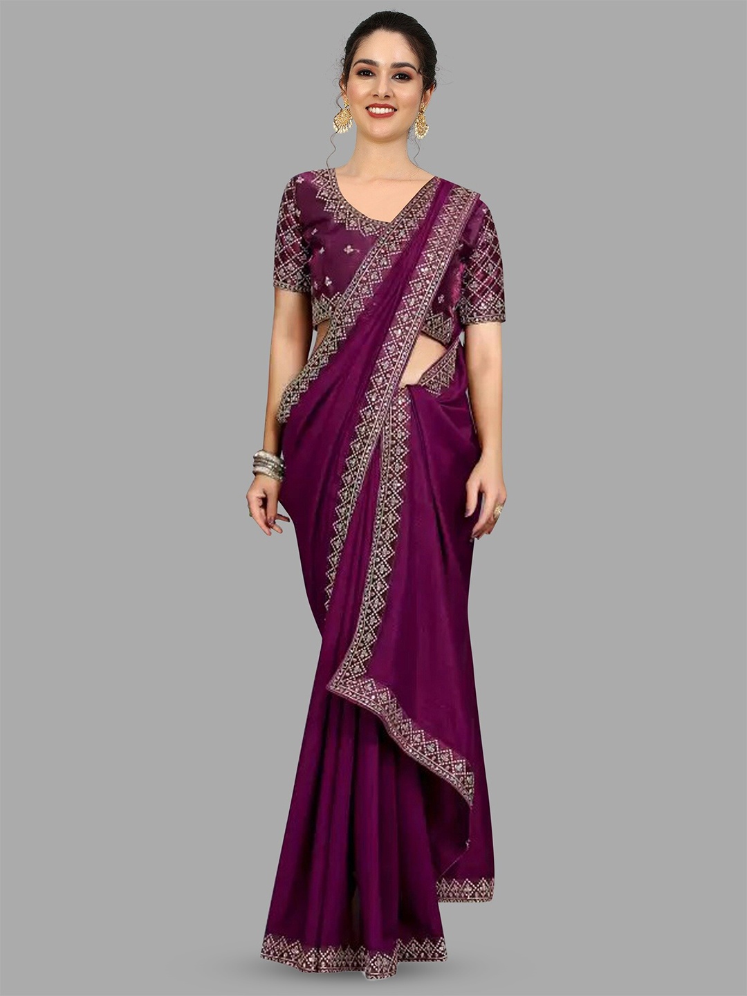 

APNISHA Embroidered Pure Silk Saree, Purple