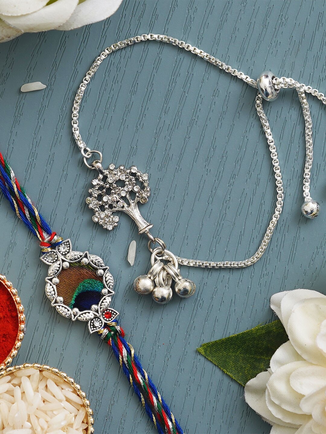 

eCraftIndia Set Of Peacock & Tree Rakhis & Roli Chawal, Silver