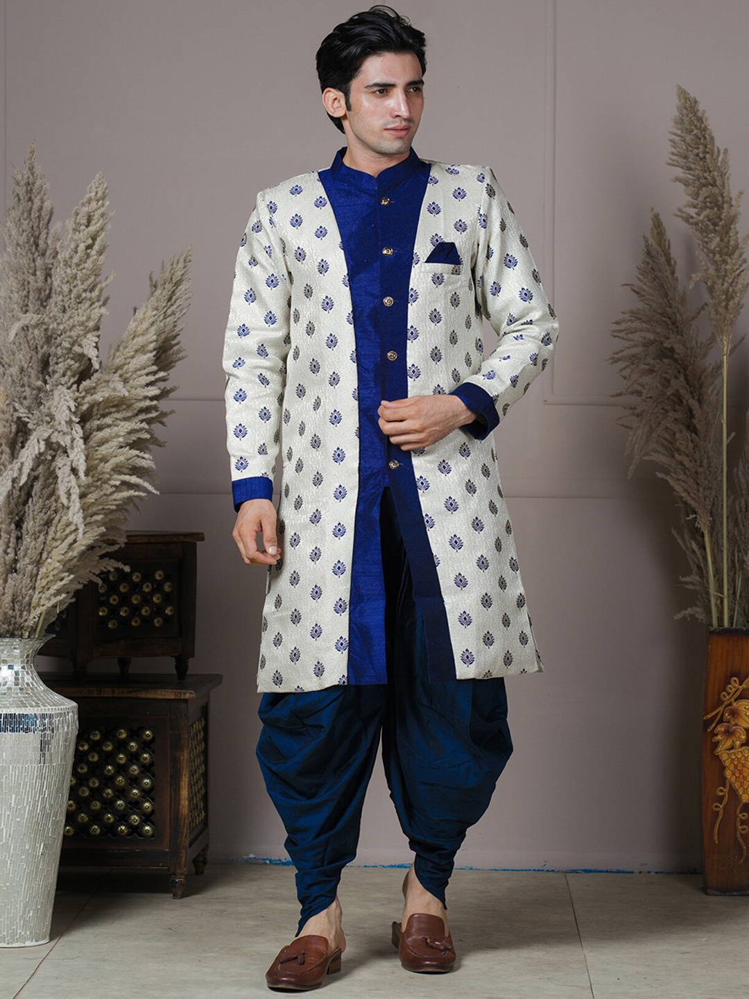 

amzira Ethnic Motif Woven Design Mandarin Collar Cotton Sherwani, Blue