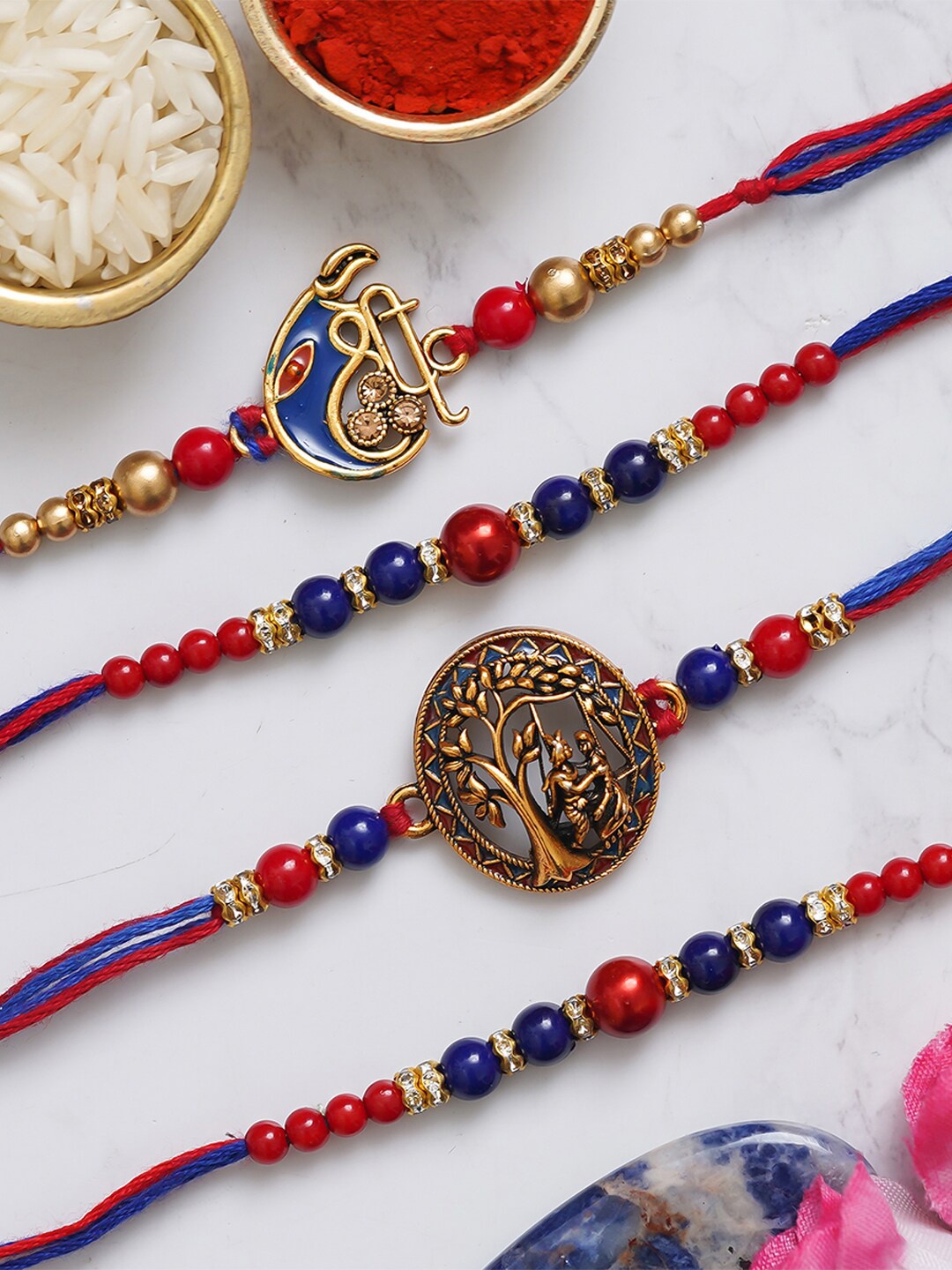 

eCraftIndia Set Of 4 Beaded Thread Rakhis With Roli Chawal, Red