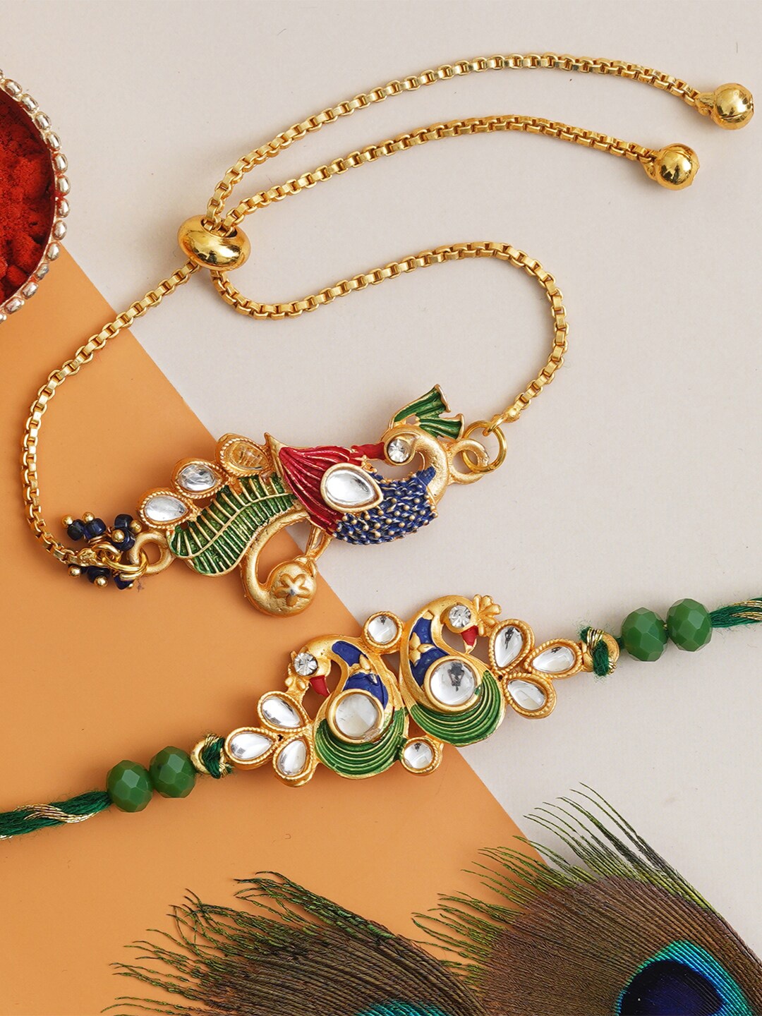 

eCraftIndia Set of 2 Peacock Designer Rakhi Gift Set, Green