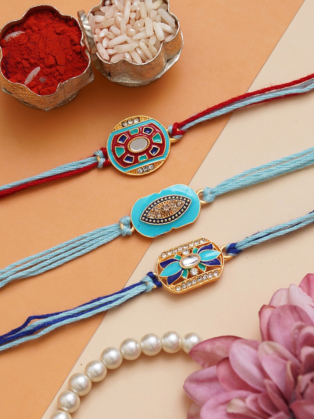 

eCraftIndia Set of 3 Stone-Studded Rakhi With Roli Chawal, Blue