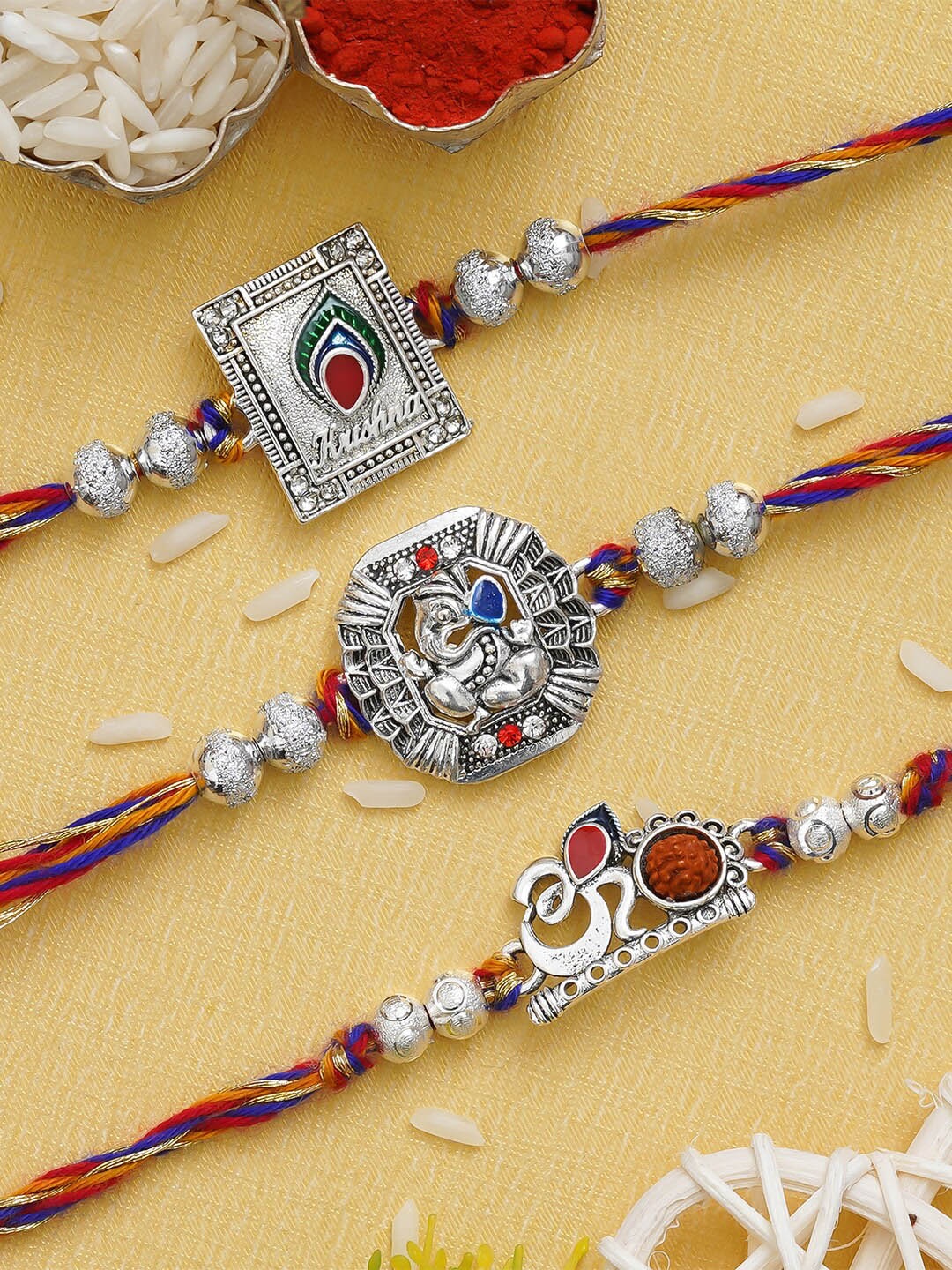 

eCraftIndia Set of 3 Religious Designer Rakhi With Roli Chawal, Silver