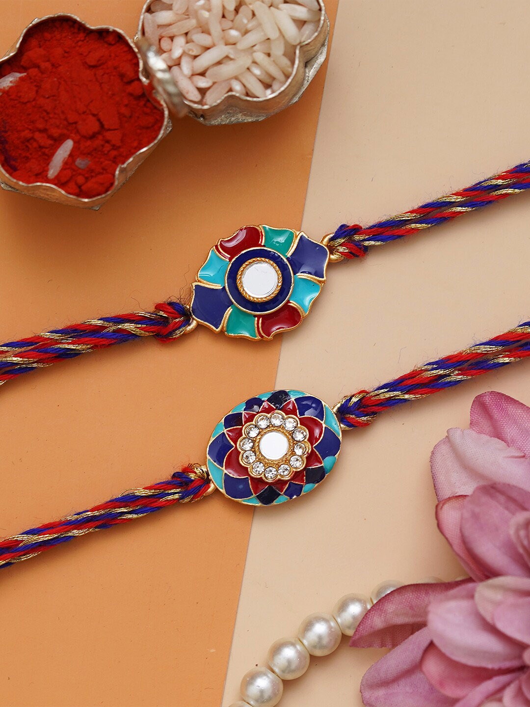 

eCraftIndia Set of 2 Stone-Studded Rakhi With Roli Chawal, Blue