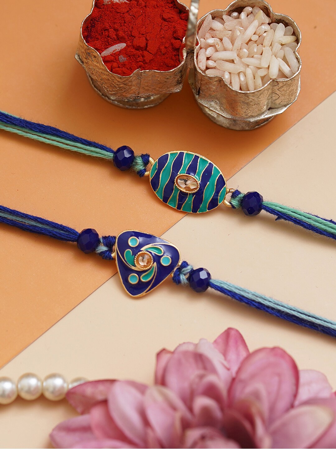 

eCraftIndia Set of 2 Pearl Diamond Designer Rakhi With Roli Chawal, Blue