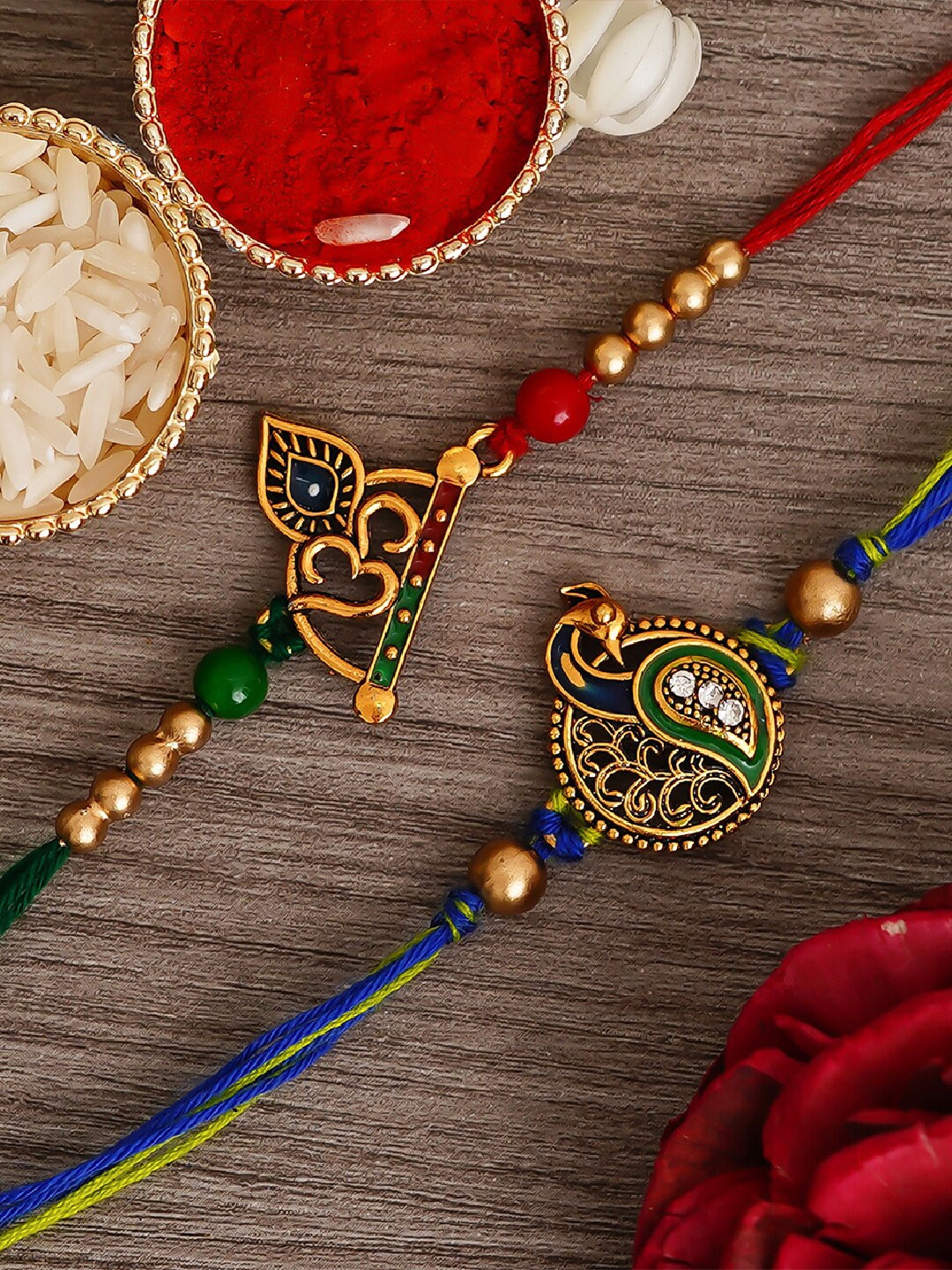 

eCraftIndia Set of 2 Om & Peacock Designer Religious Rakhis with Roli Chawal, Red