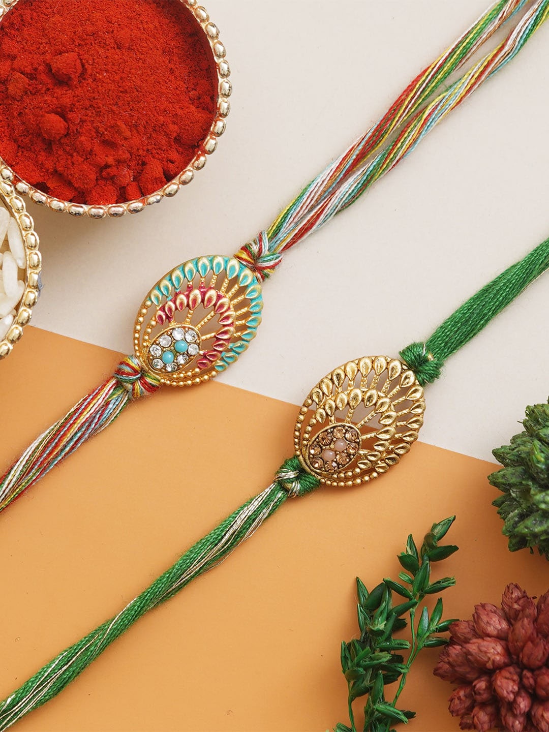 

eCraftIndia Set of 2 Colorful Pearls and Designer Rakhi Gift Set, Blue