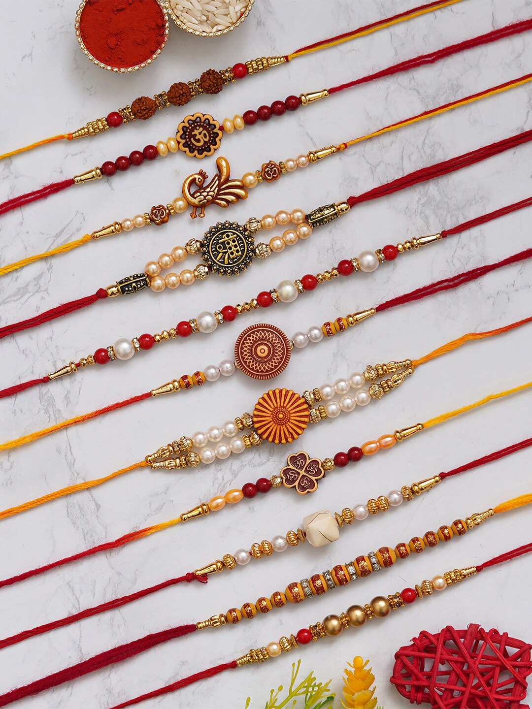 

eCraftIndia Set of 11 Beaded Rakhi with Roli Chawal, Red