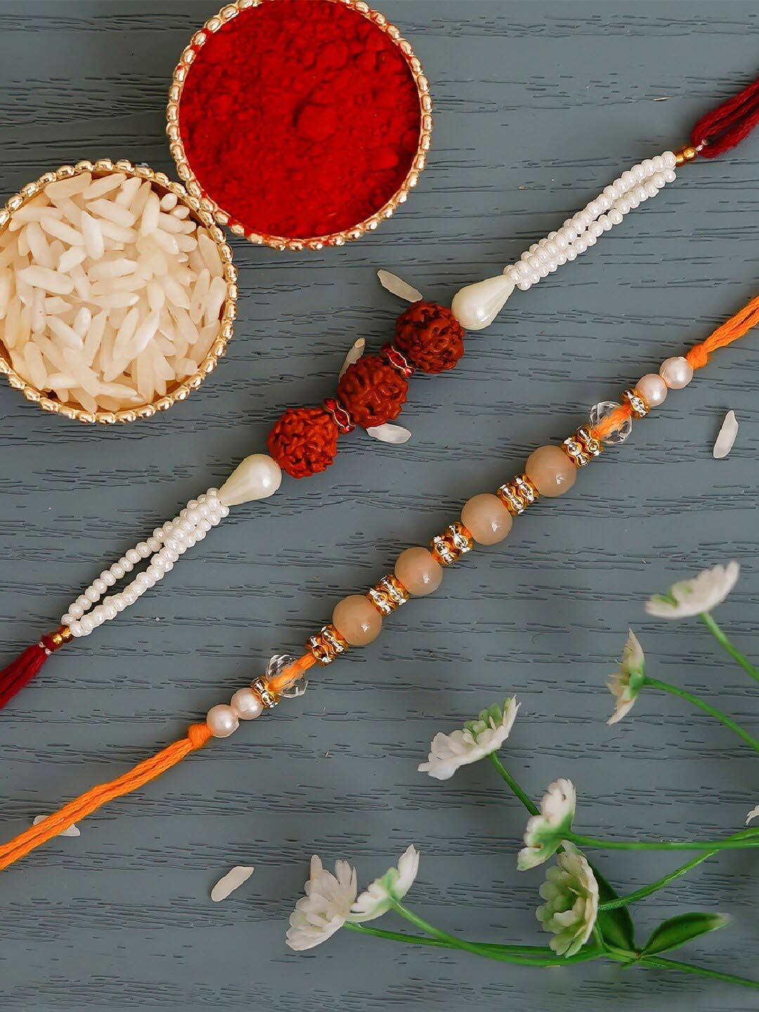 

eCraftIndia Set of 2 Rudraksha Beaded Rakhis With Roli Chawal, Multi