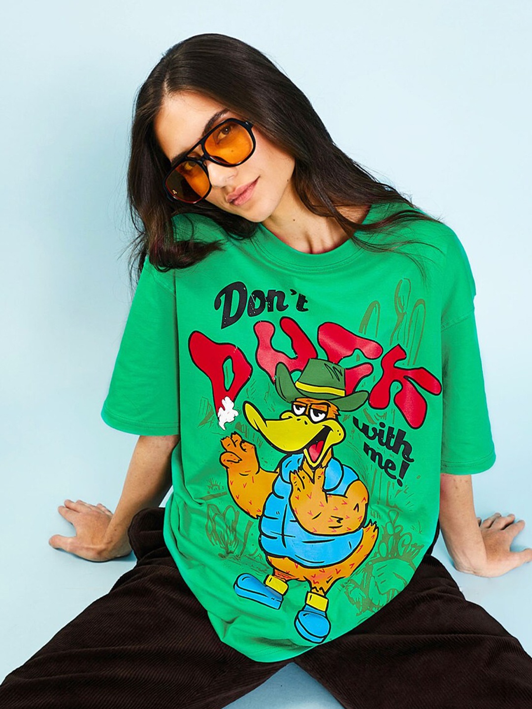 

Bonkers Corner Green Graphic Printed Drop-Shoulder Sleeves Cotton Oversized T-shirt