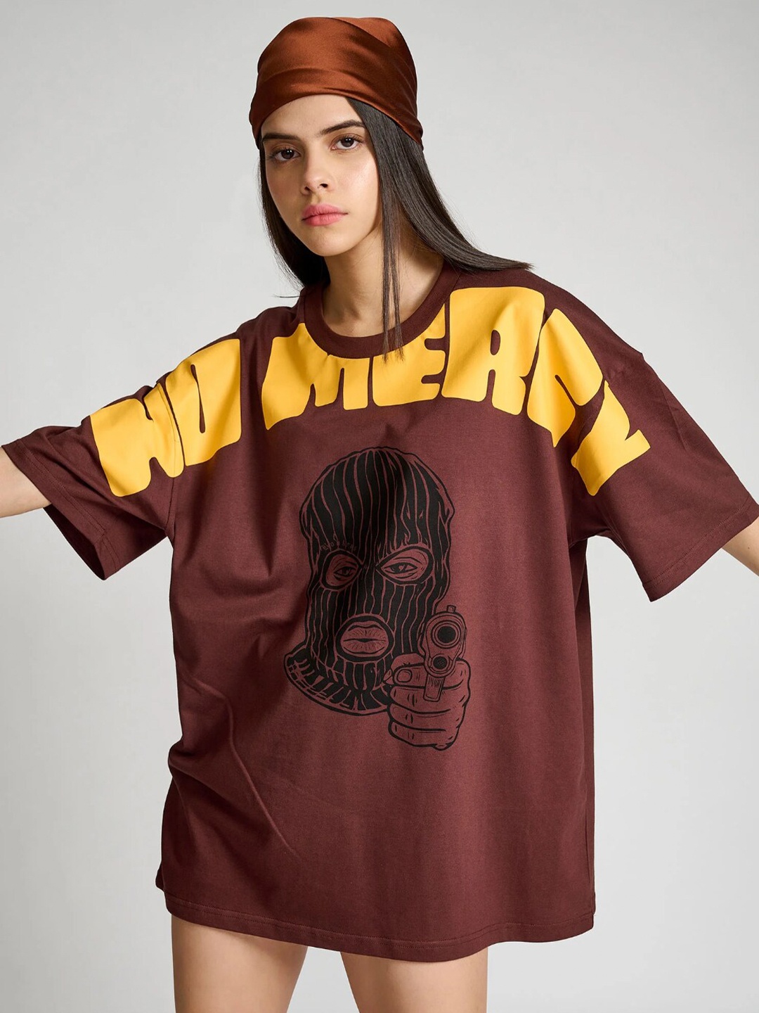 Bonkers Corner Brown Graphic Printed Drop-Shoulder Sleeves Cotton Oversized T-shirt