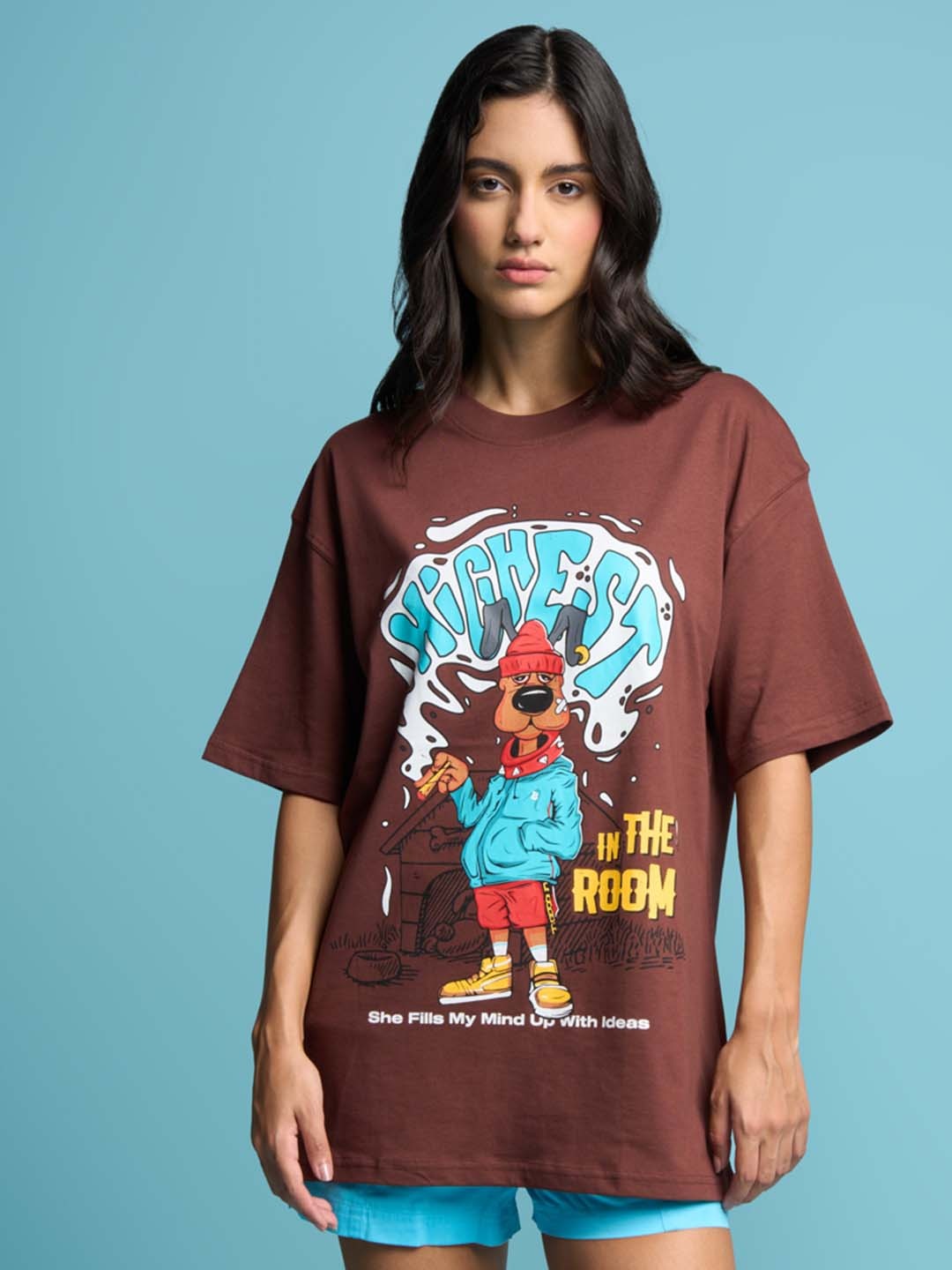Bonkers Corner Graphic Printed Cotton Oversized T-shirt, Brown