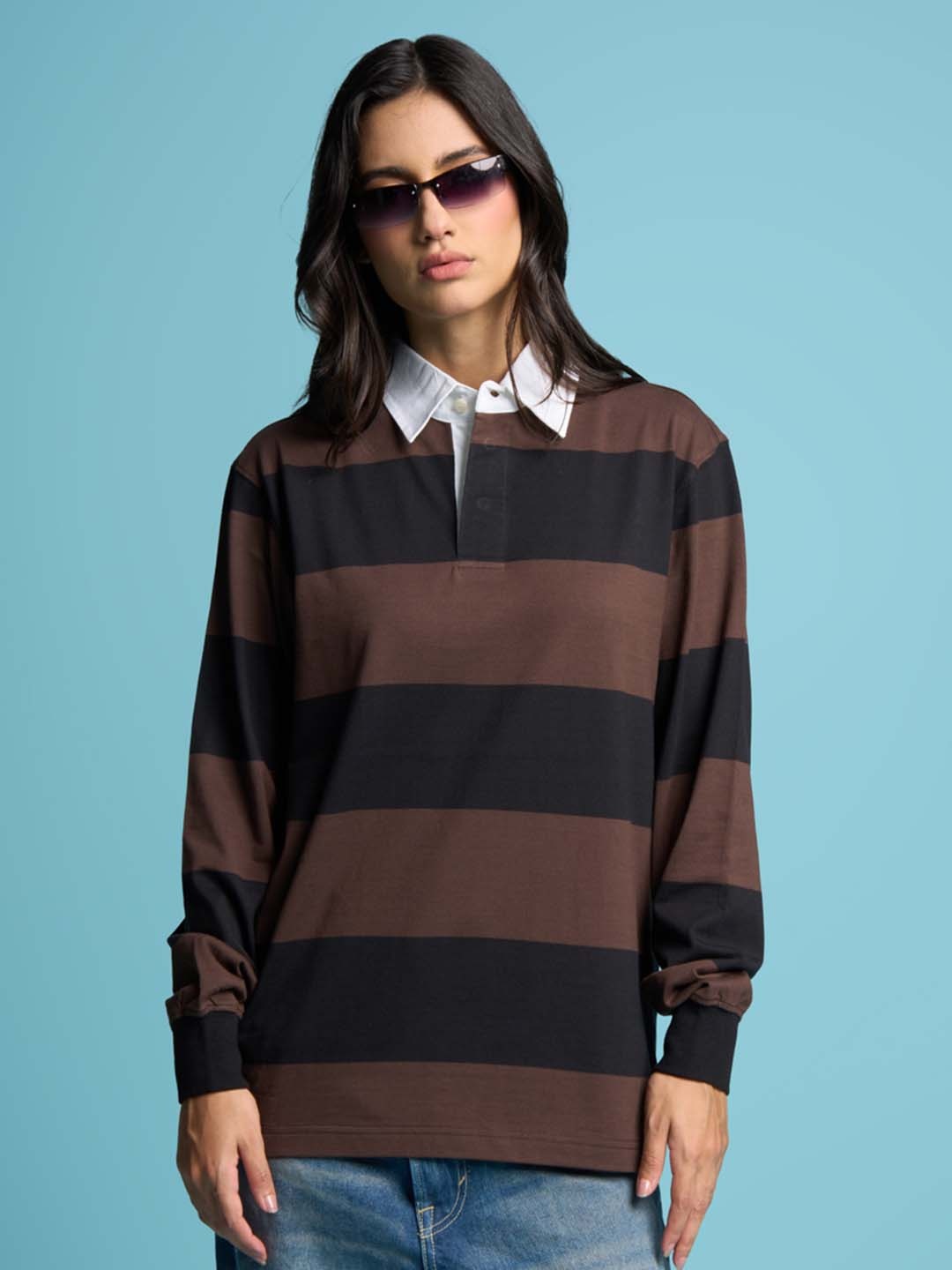 

Bonkers Corner Brown Colourblocked Polo Collar Cotton Oversized T-shirt