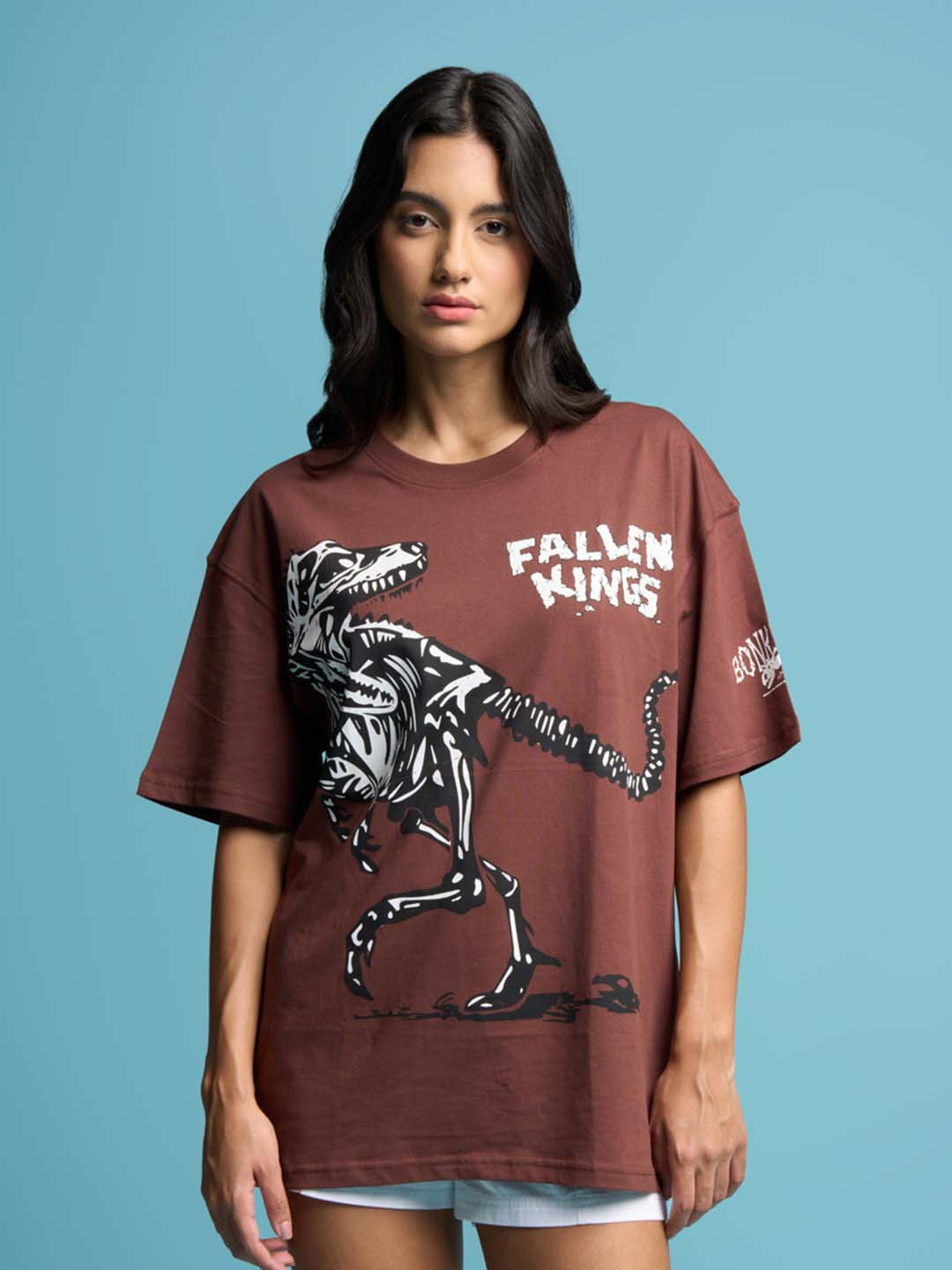 

Bonkers Corner Graphic Printed Drop-Shoulder Sleeves Cotton Oversized T-shirt, Brown