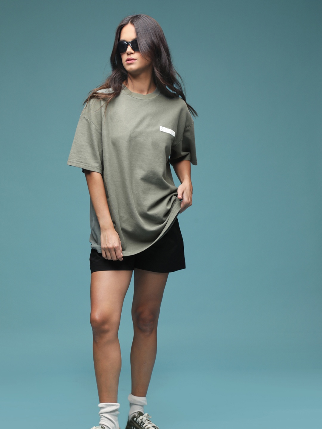 Bonkers Corner Round Neck Oversized Cotton T-shirt, Olive