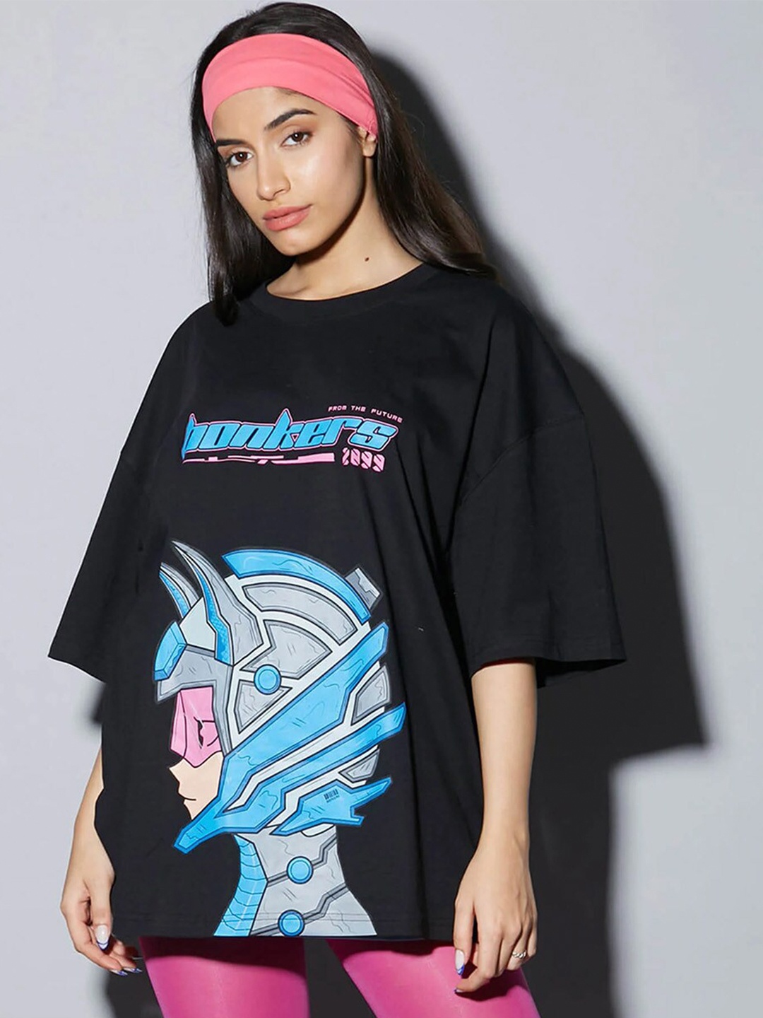 

Bonkers Corner Black Graphic Printed Drop-Shoulder Sleeves Cotton Oversized T-shirt