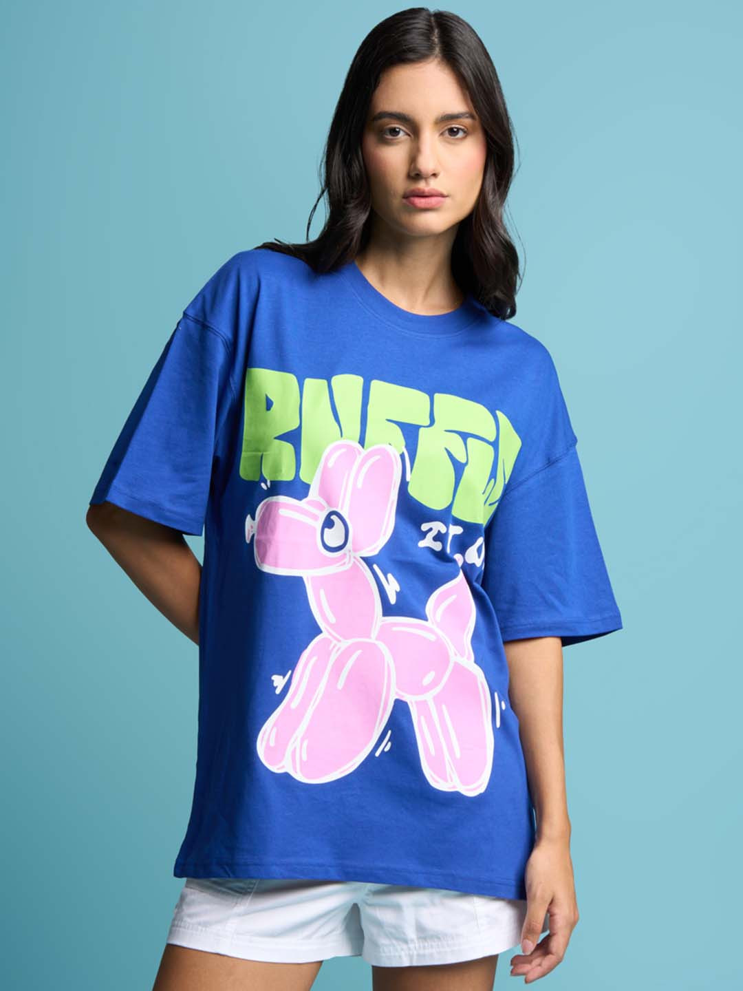 

Bonkers Corner Blue Graphic Printed Drop-Shoulder Sleeves Cotton Oversized T-shirt