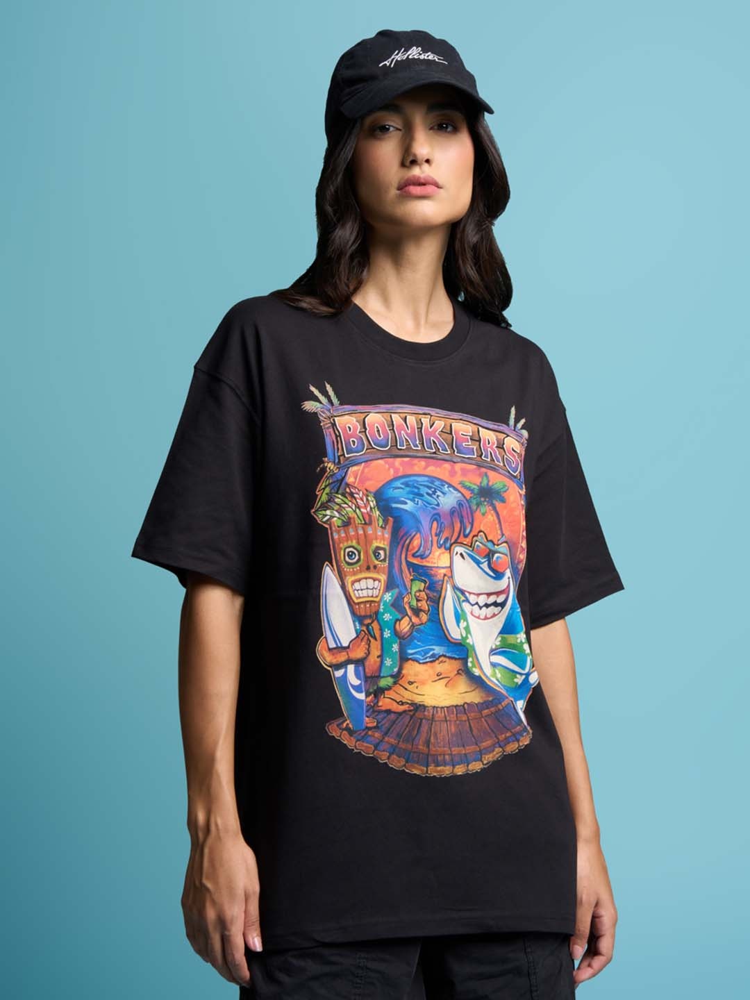 

Bonkers Corner Black Graphic Printed Drop-Shoulder Sleeves Cotton Oversized T-shirt
