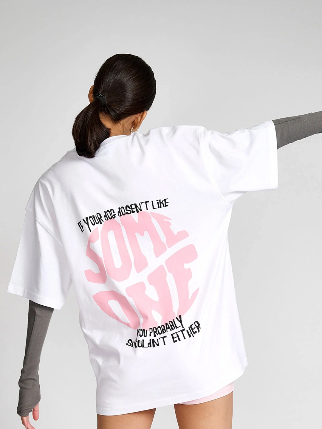 

Bonkers Corner White Typography Printed Drop-Shoulder Sleeves Cotton Oversized T-shirt